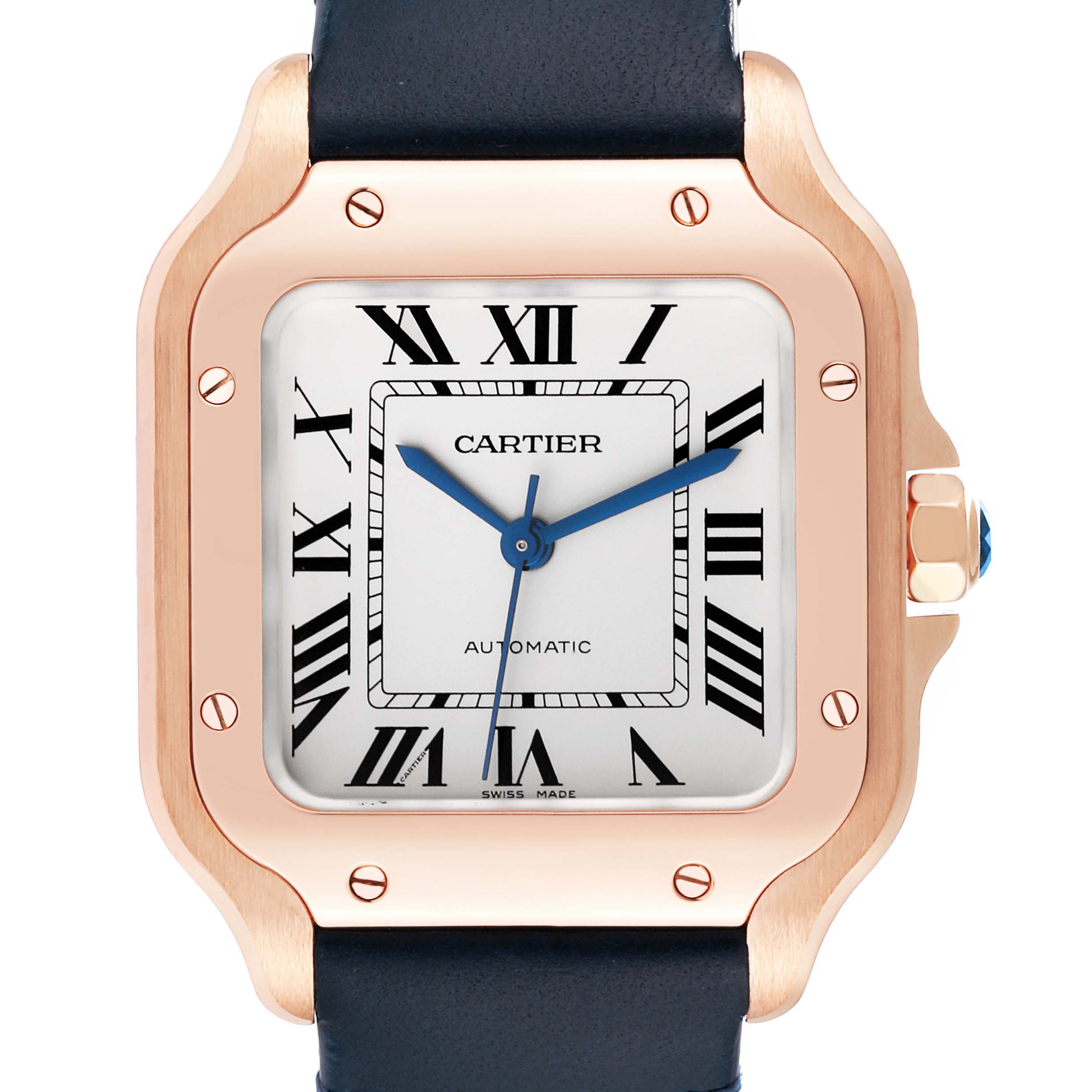 This image shows a close-up of a Cartier Santos WGSA0028 Men
s Rose Gold Silver Dial WGSA0028 Men
s Rose Gold Silver Dial watch face, showcasing the dial, case, and part of the strap.