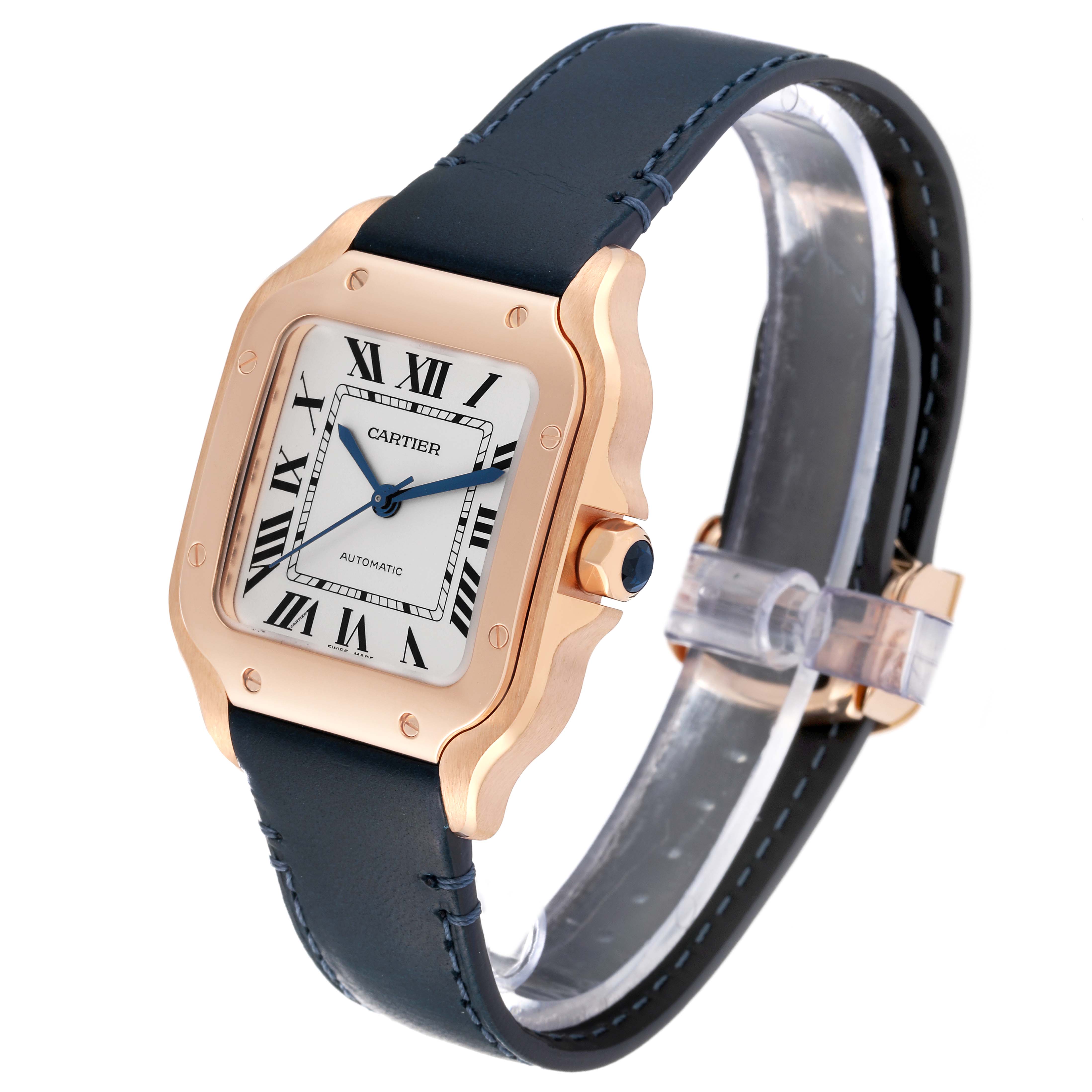The image shows a Cartier Santos WGSA0028 Men
s Rose Gold Silver Dial WGSA0028 Men
s Rose Gold Silver Dial model watch at a three-quarter angle, highlighting the face, bezel, crown, and strap.