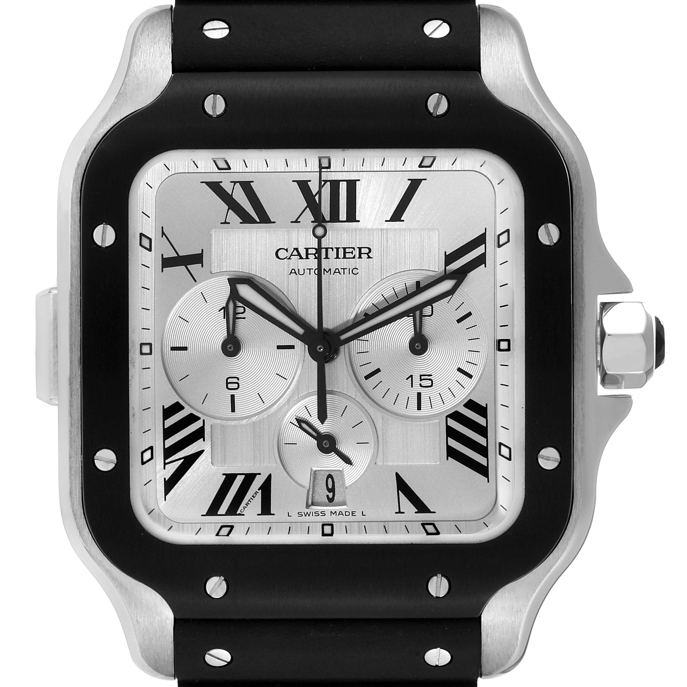 The image shows a front view of the Cartier Santos WSSA0017 Men
s Stainless Steel Silver Dial WSSA0017 Men
s Stainless Steel Silver Dial watch, highlighting its dial, bezel, and chronograph subdials.