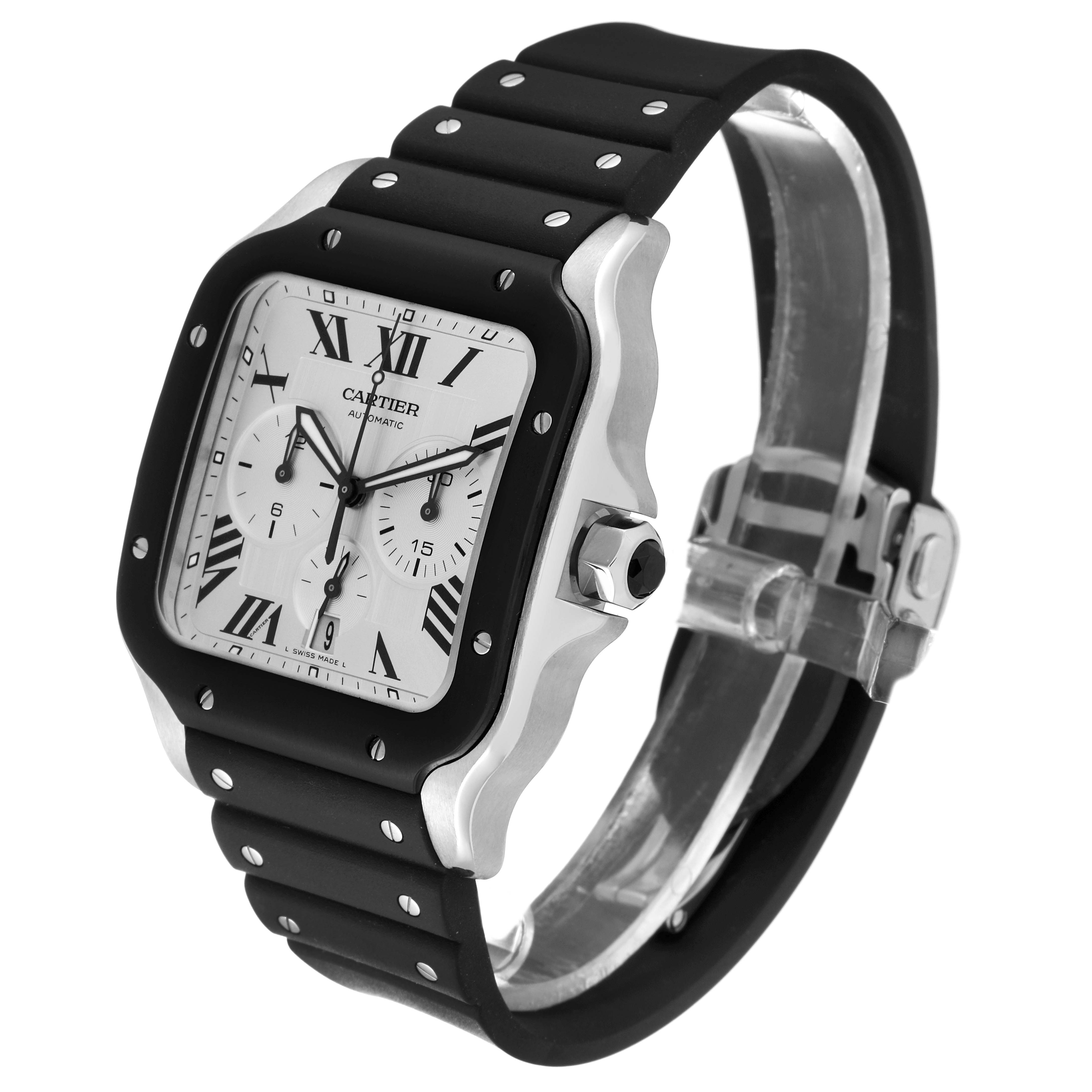 This Cartier Santos WSSA0017 Men
s Stainless Steel Silver Dial WSSA0017 Men
s Stainless Steel Silver Dial watch is shown from a three-quarter angle, highlighting the face, bezel, crown, and strap.