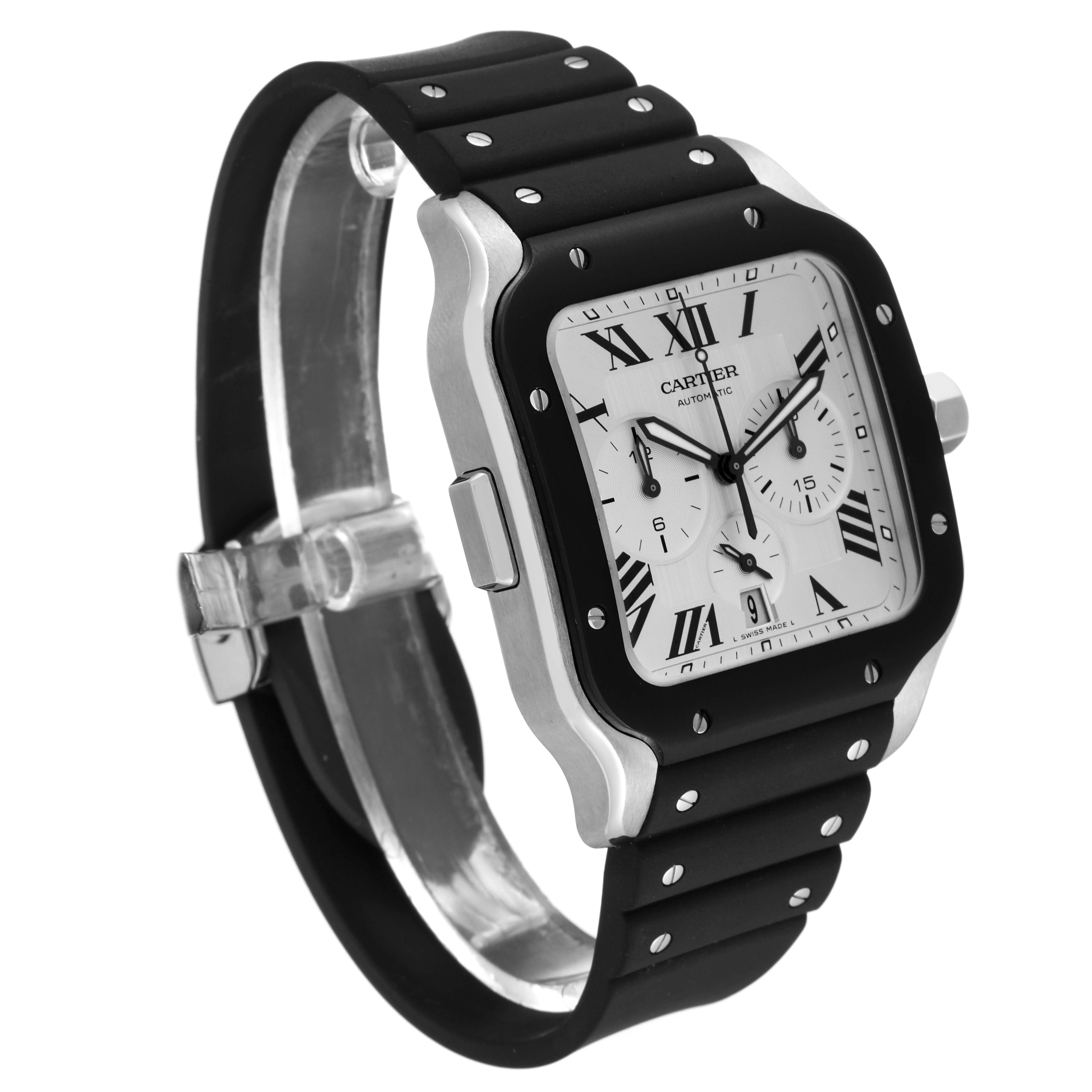 The image shows a Santos model by Cartier from a three-quarter angle, highlighting the watch face, strap, case, and lugs.