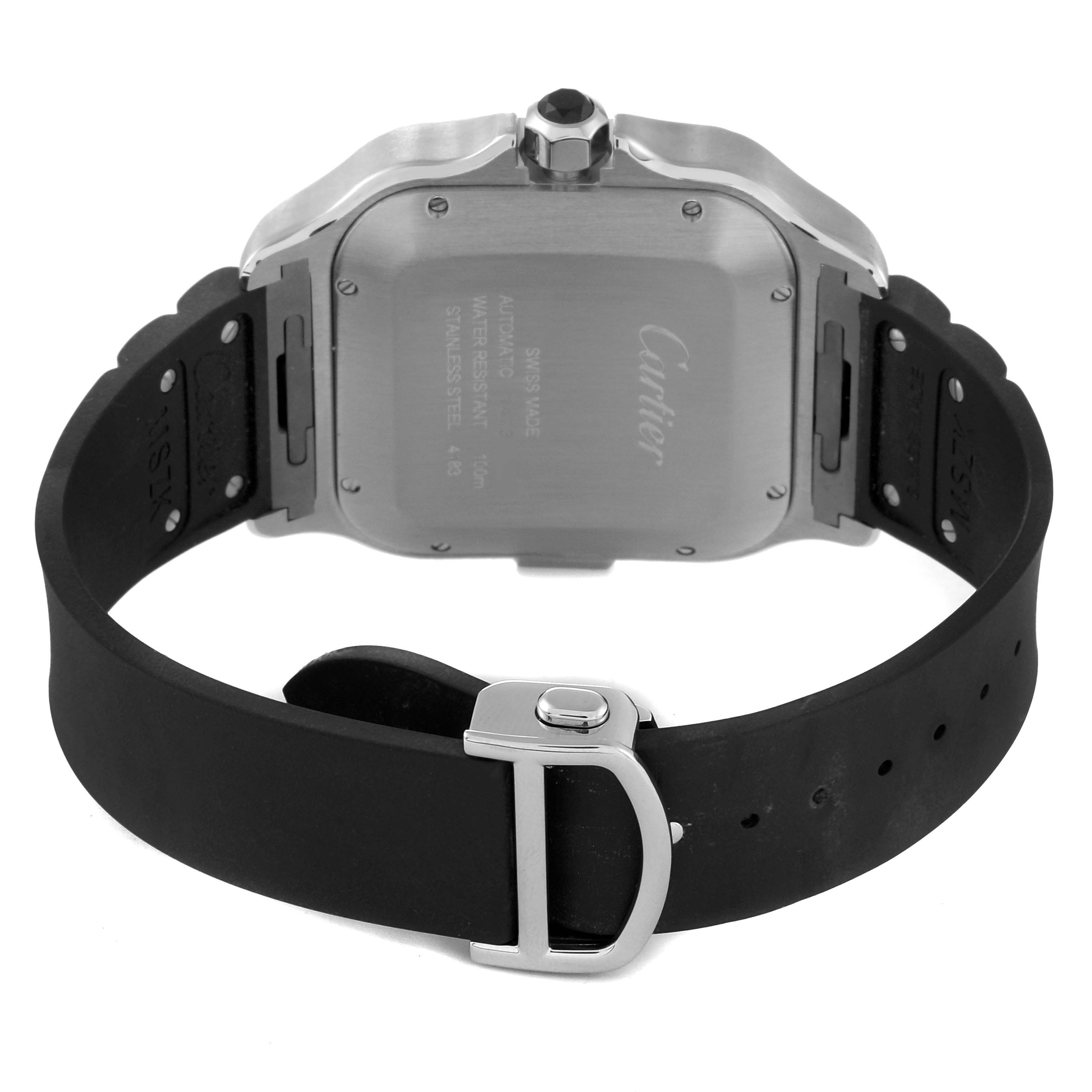 The image shows the back view of a Cartier Santos WSSA0017 Men
s Stainless Steel Silver Dial WSSA0017 Men
s Stainless Steel Silver Dial watch, highlighting the case back and black strap with a buckle.