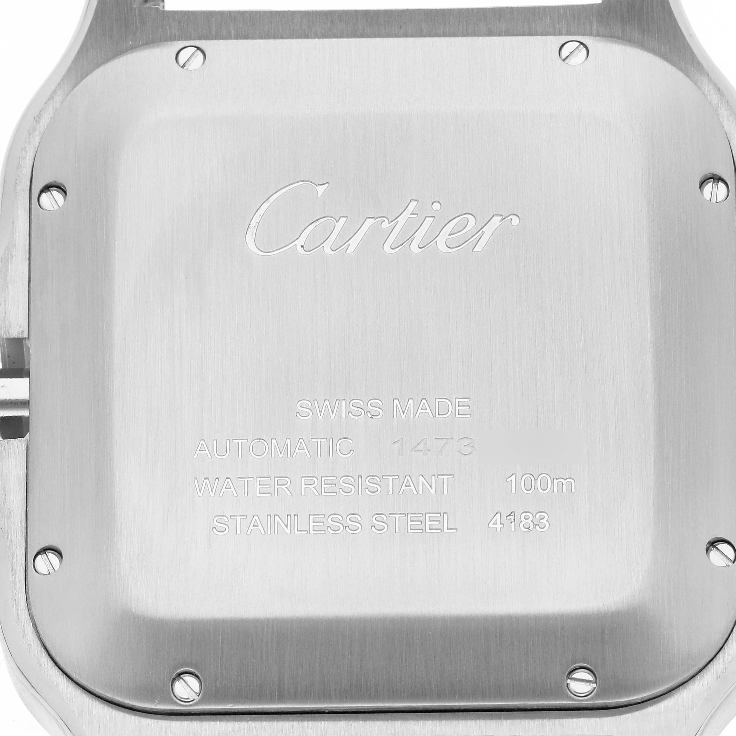 The image shows the back case of a Santos model watch by Cartier, displaying the brand name and specifications.