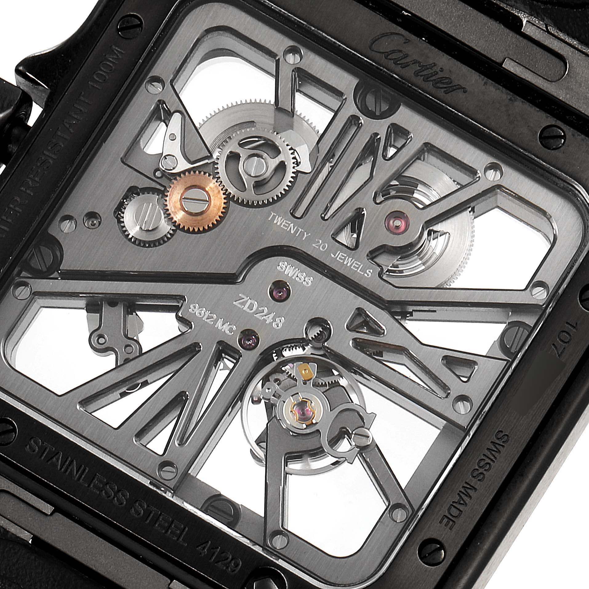 This is a close-up view of the skeleton back of a Cartier Santos WHSA0009 Men's Stainless Steel Transparent Dial WHSA0009 Men's Stainless Steel Transparent Dial watch, showing its internal gears and mechanical components.