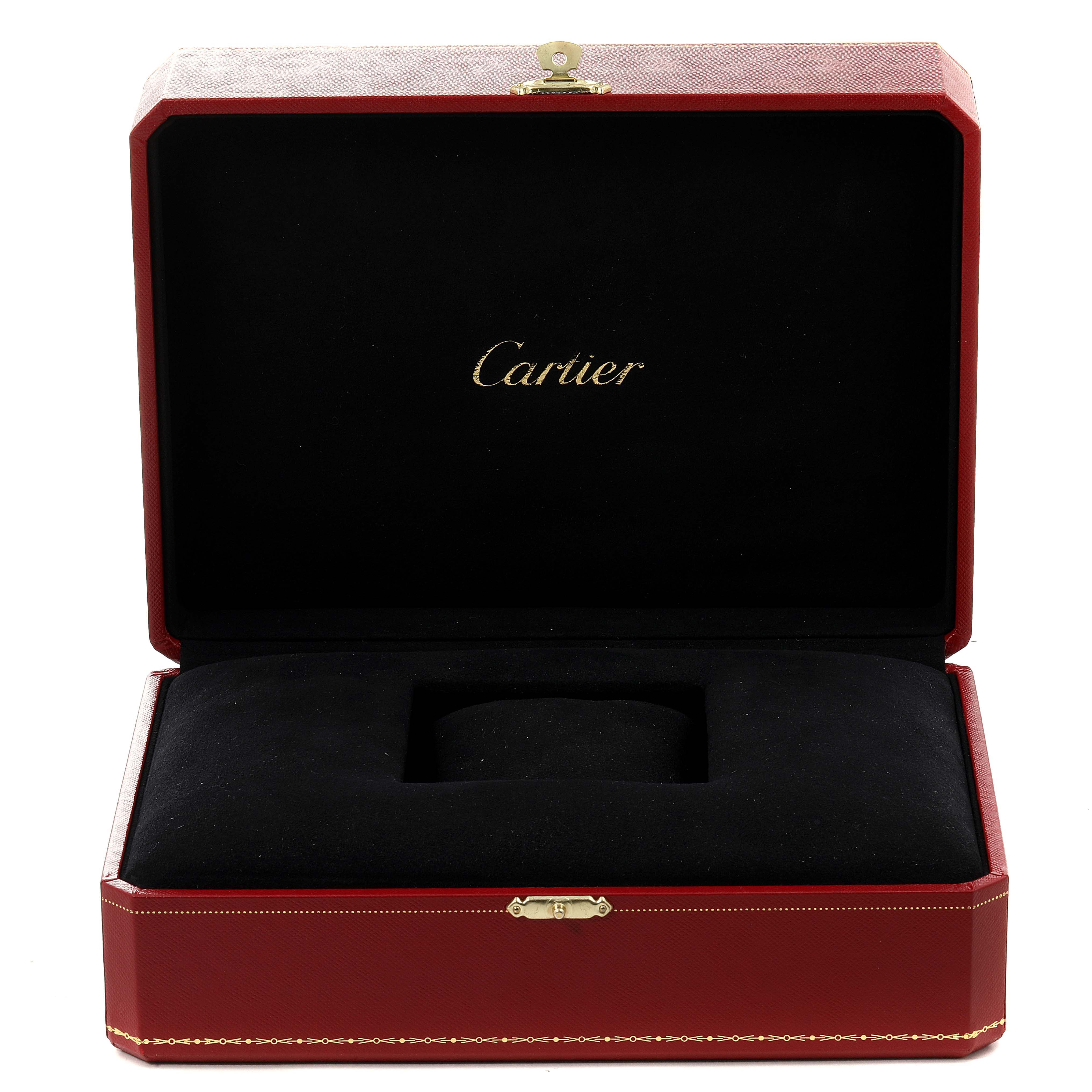 The image shows an open Cartier Santos WHSA0009 Men's Stainless Steel Transparent Dial WHSA0009 Men's Stainless Steel Transparent Dial watch box with a black interior and red exterior.