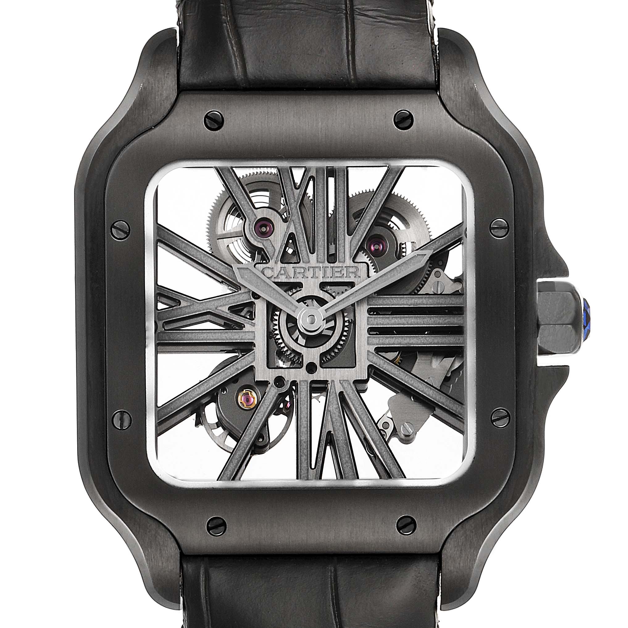 This image shows a front view of the Cartier Santos WHSA0009 Men's Stainless Steel Transparent Dial WHSA0009 Men's Stainless Steel Transparent Dial watch, highlighting its skeleton dial and black leather strap.
