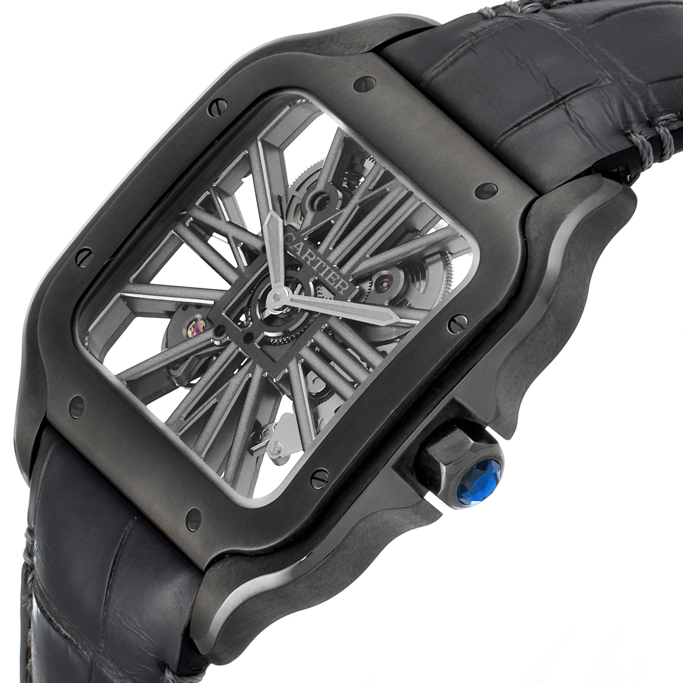 This image shows the face, case, and leather strap of a Santos model by Cartier at a slight angle.