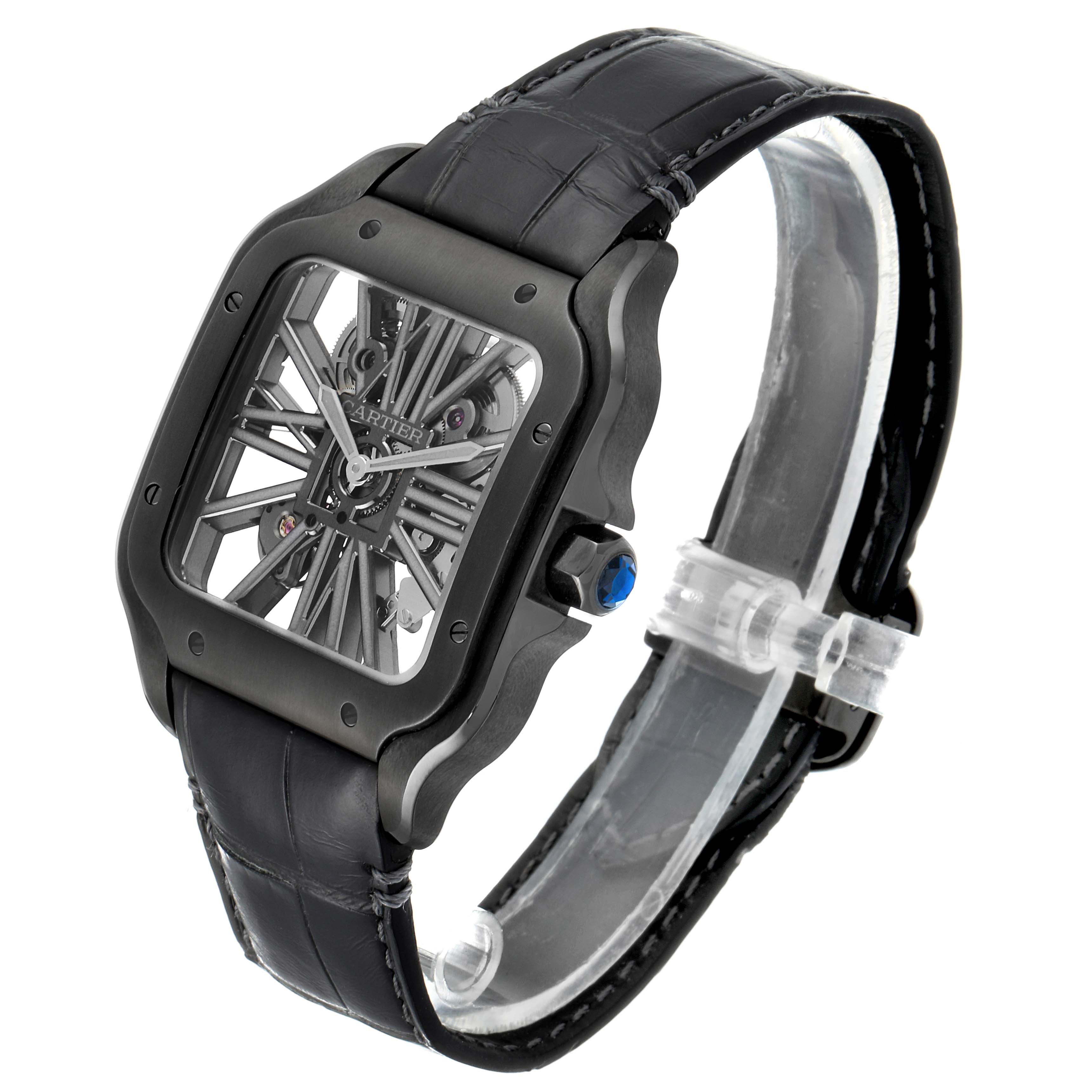 This Cartier Santos WHSA0009 Men's Stainless Steel Transparent Dial WHSA0009 Men's Stainless Steel Transparent Dial watch is shown at a three-quarter angle, highlighting its black case, skeleton dial, and leather strap.