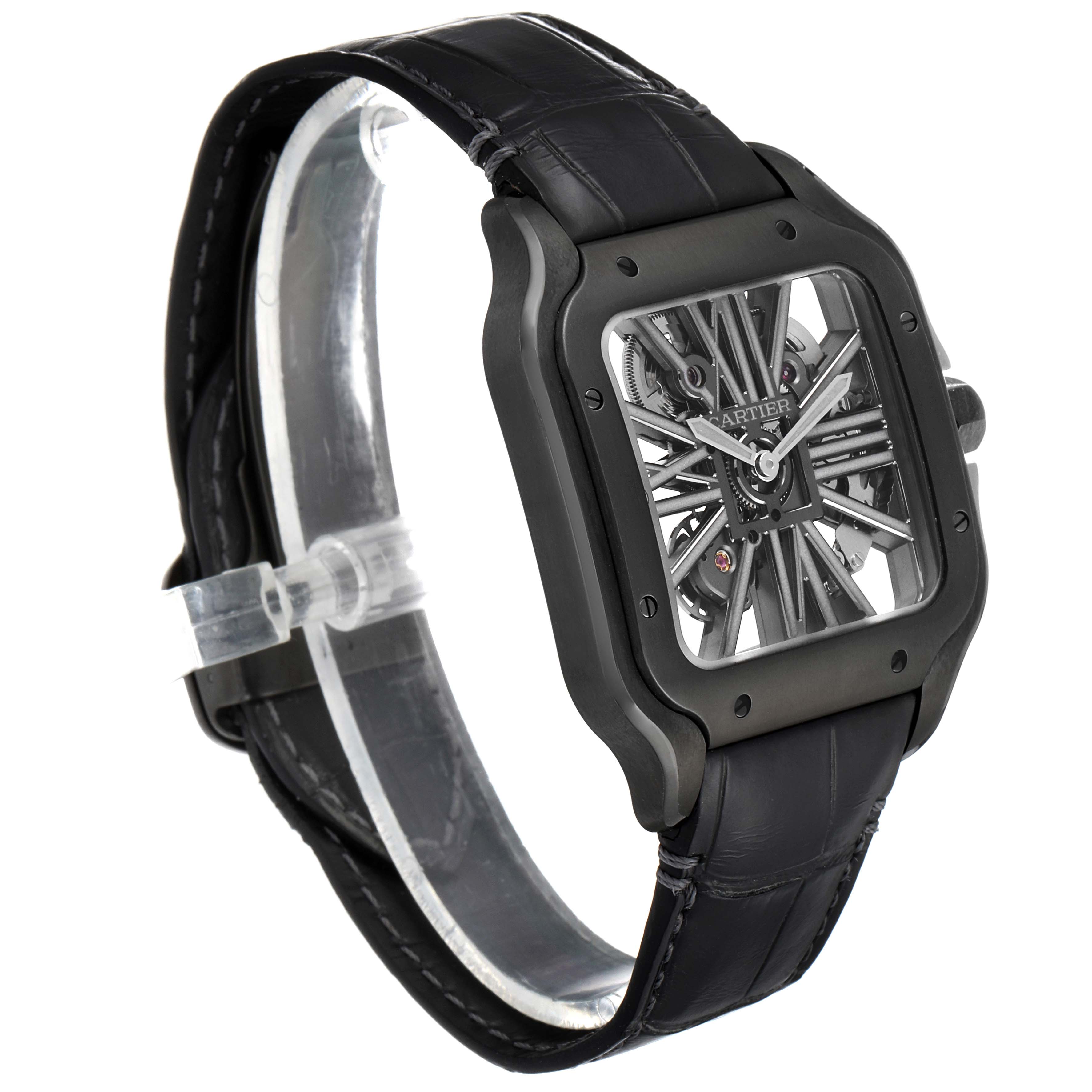 The image shows a Cartier Santos WHSA0009 Men's Stainless Steel Transparent Dial WHSA0009 Men's Stainless Steel Transparent Dial watch at an angle, highlighting its black leather strap and skeleton dial.