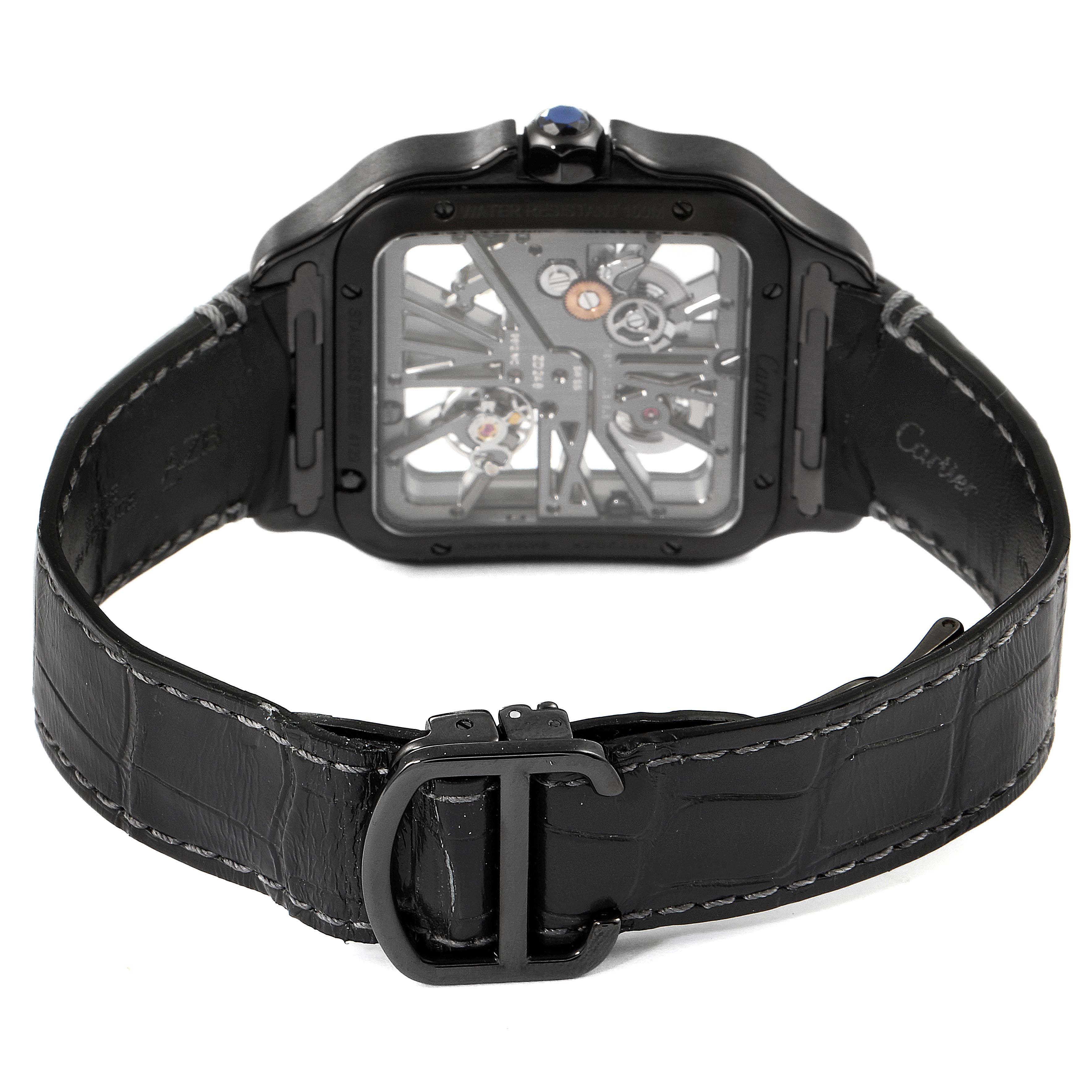This image shows the Cartier Santos WHSA0009 Men's Stainless Steel Transparent Dial WHSA0009 Men's Stainless Steel Transparent Dial model watch from the rear angle, highlighting its back casing and black leather strap with a buckle.