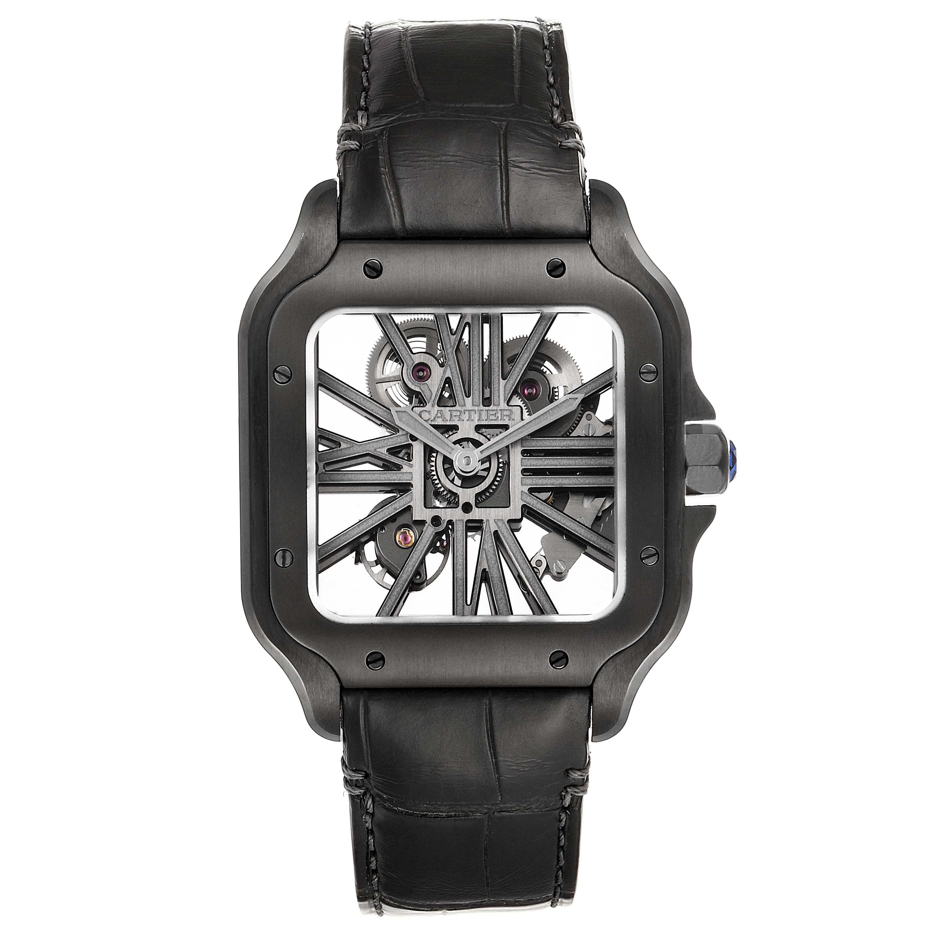 This image shows a front view of the Cartier Santos WHSA0009 Men's Stainless Steel Transparent Dial WHSA0009 Men's Stainless Steel Transparent Dial watch with a black leather strap and exposed mechanical movement.