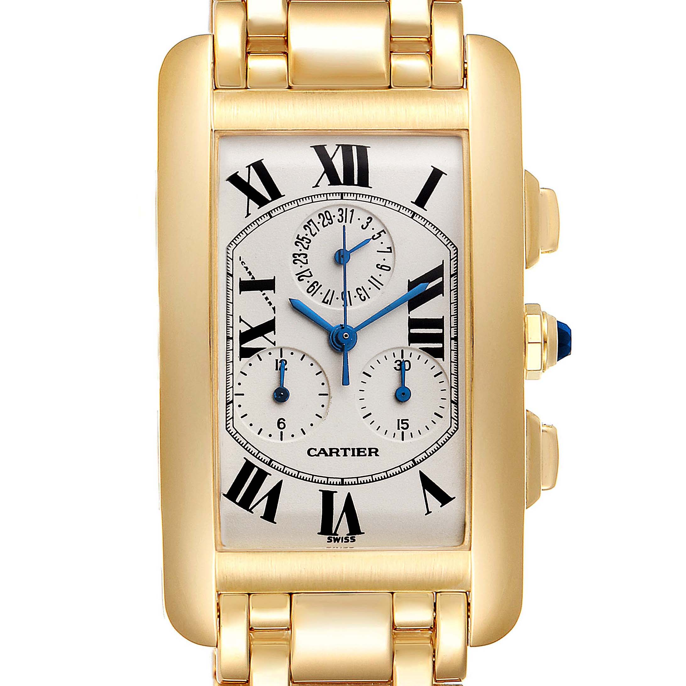 This image shows a frontal view of a Cartier Tank Americaine W2601156 Men
s Yellow Gold Silver Dial W2601156 Men
s Yellow Gold Silver Dial watch, highlighting its rectangular face, Roman numerals, and gold bracelet.