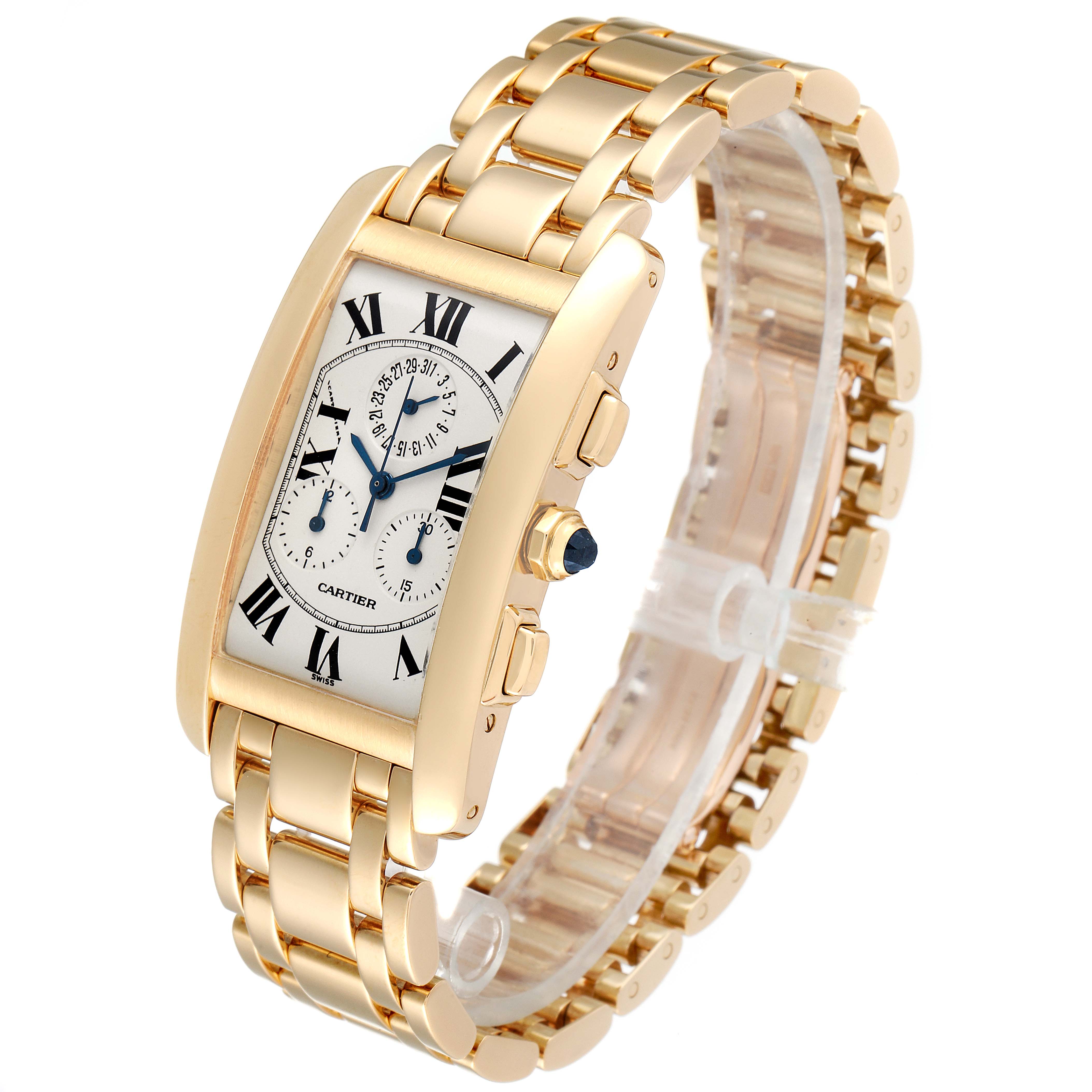 The image shows a Cartier Tank Americaine W2601156 Men
s Yellow Gold Silver Dial W2601156 Men
s Yellow Gold Silver Dial watch at a three-quarter angle, displaying the face, bracelet, and side controls.