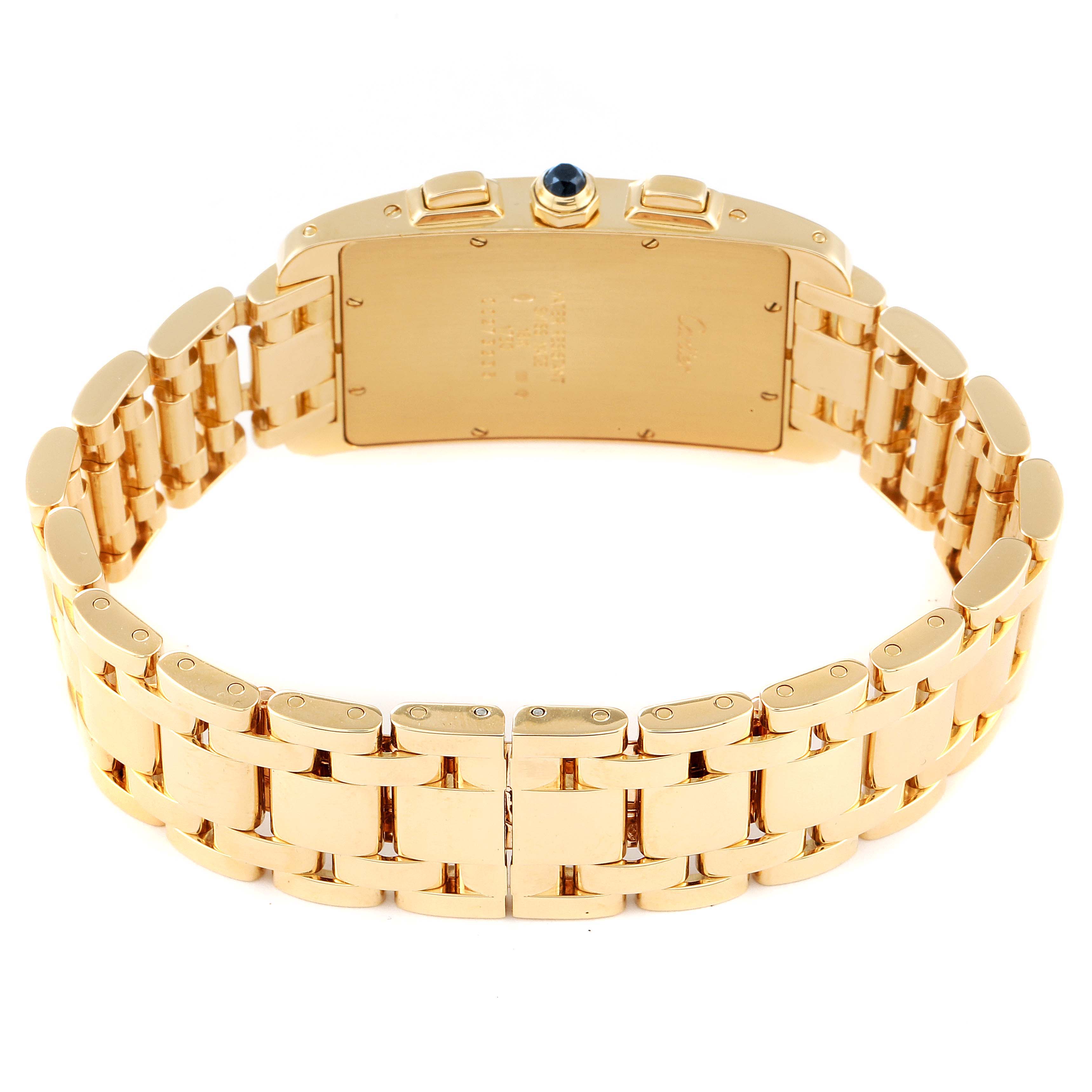 The image shows the back and bracelet of the Cartier Tank Americaine W2601156 Men
s Yellow Gold Silver Dial W2601156 Men
s Yellow Gold Silver Dial watch, highlighting its gold links and clasp.