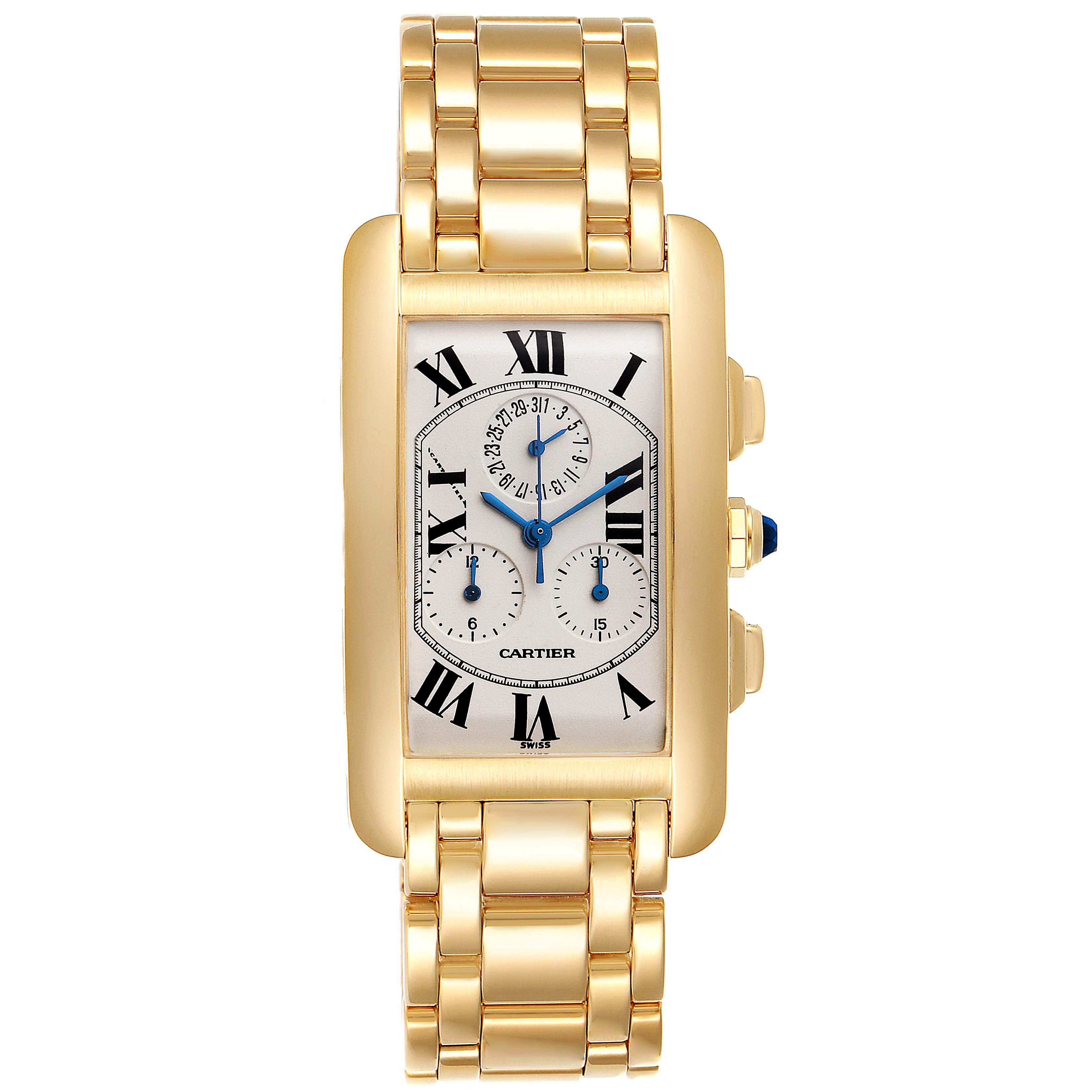 The image shows a frontal view of a Cartier Tank Americaine W2601156 Men
s Yellow Gold Silver Dial W2601156 Men
s Yellow Gold Silver Dial watch, highlighting its gold case, bracelet, and dial with Roman numerals and subdials.