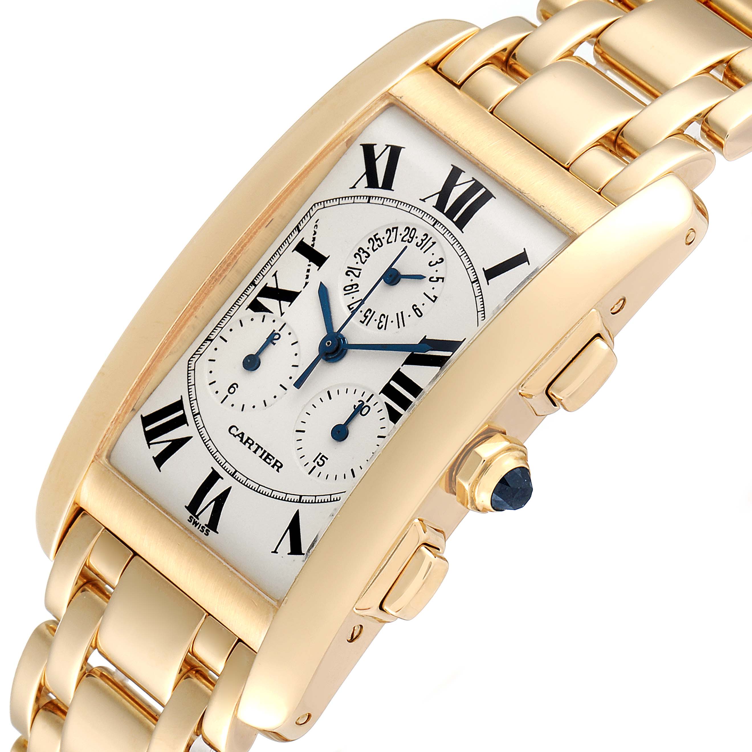 The image shows a close-up angle of a Cartier Tank Americaine W2601156 Men
s Yellow Gold Silver Dial W2601156 Men
s Yellow Gold Silver Dial watch featuring its rectangular face, Roman numerals, and gold bracelet.