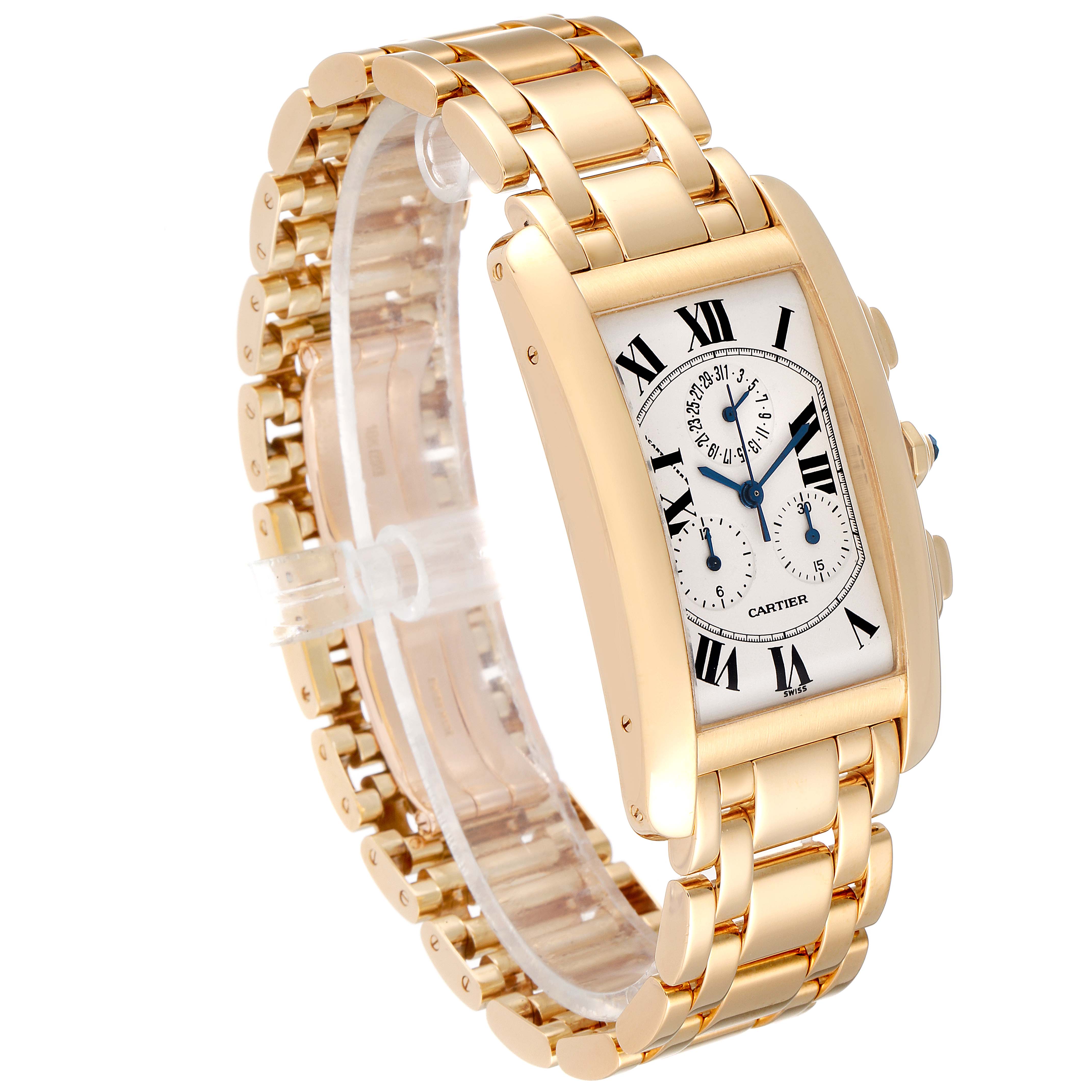 This image shows a Cartier Tank Americaine W2601156 Men
s Yellow Gold Silver Dial W2601156 Men
s Yellow Gold Silver Dial watch at a slight angle, highlighting the face, bracelet, and side buttons.