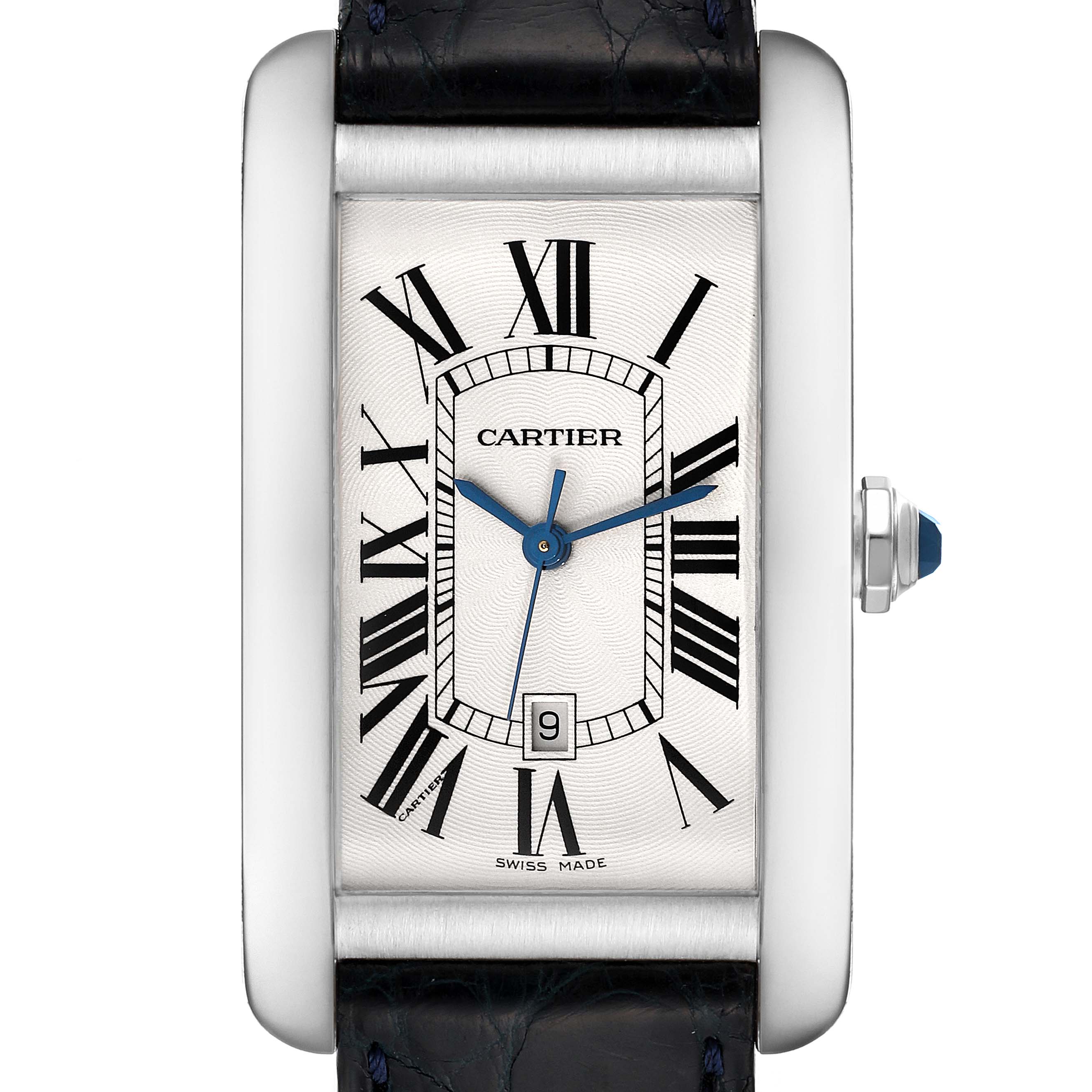 This image shows the face of a Cartier Tank Americaine W2603256 Men's White Gold Silver Dial W2603256 Men's White Gold Silver Dial watch, highlighting its Roman numerals, date window, and blue hands.