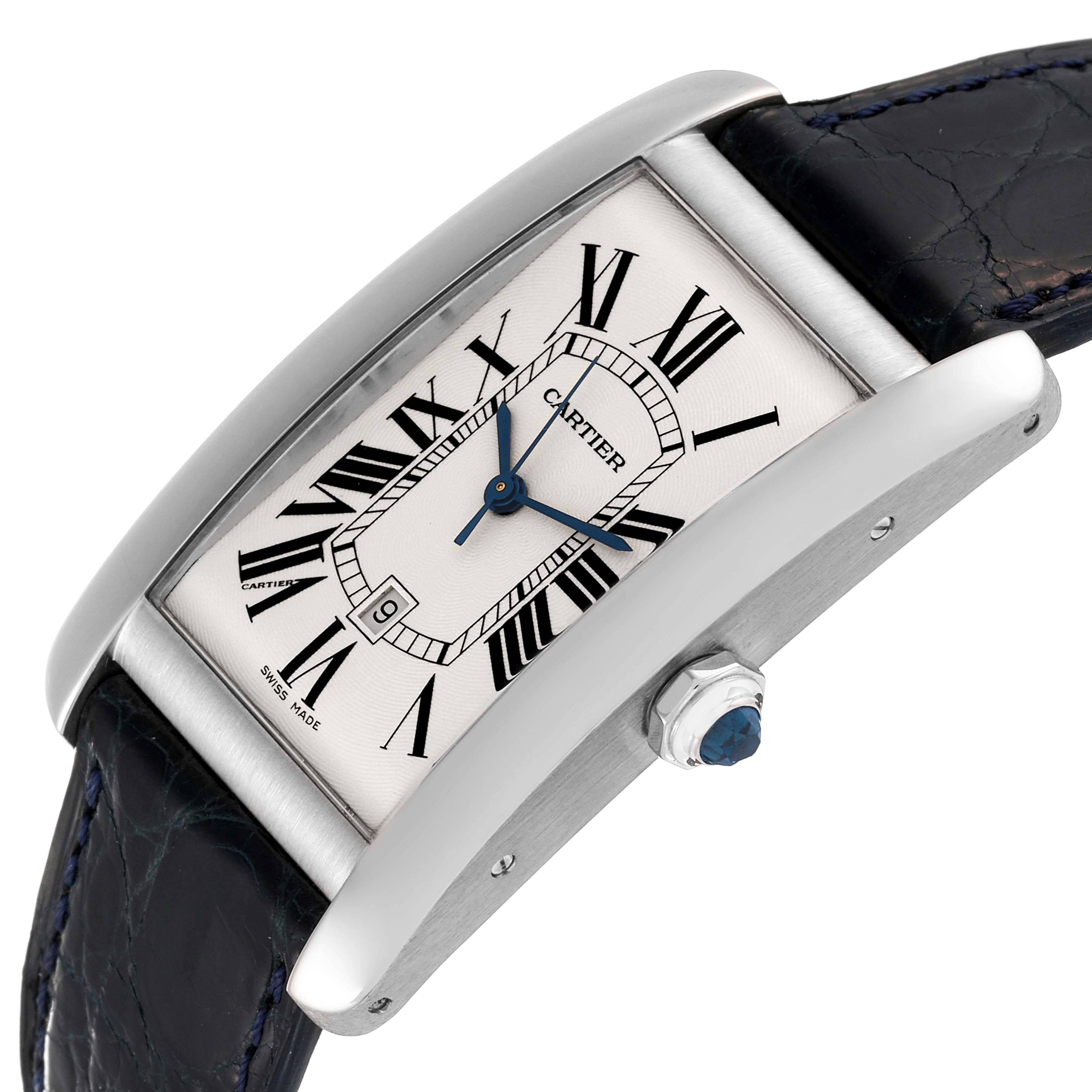 The image shows a side view of a Cartier Tank Americaine W2603256 Men's White Gold Silver Dial W2603256 Men's White Gold Silver Dial watch, highlighting the case, dial, strap, and crown.