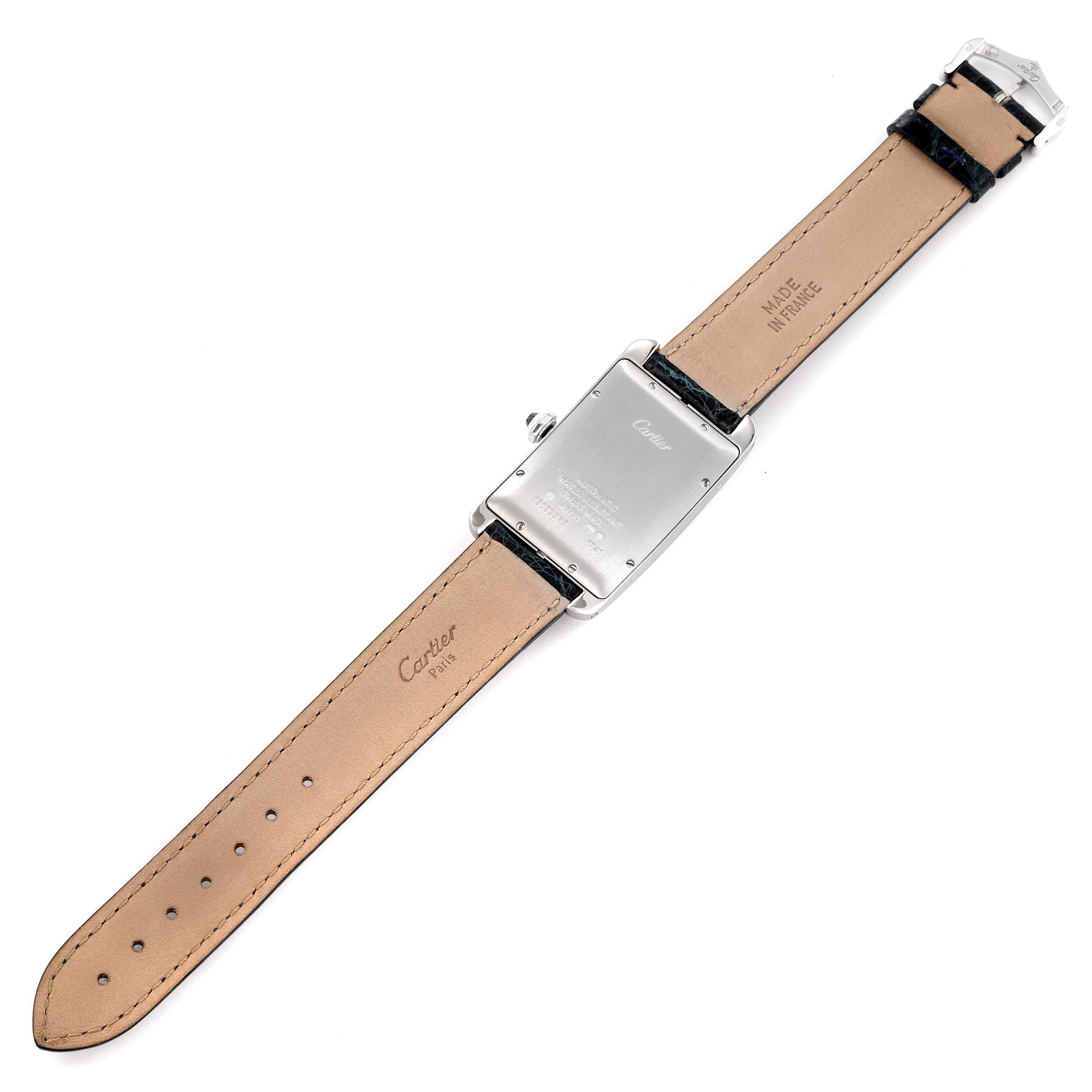 The image shows the backside of the Cartier Tank Americaine W2603256 Men's White Gold Silver Dial W2603256 Men's White Gold Silver Dial watch, including the leather strap and metal caseback.