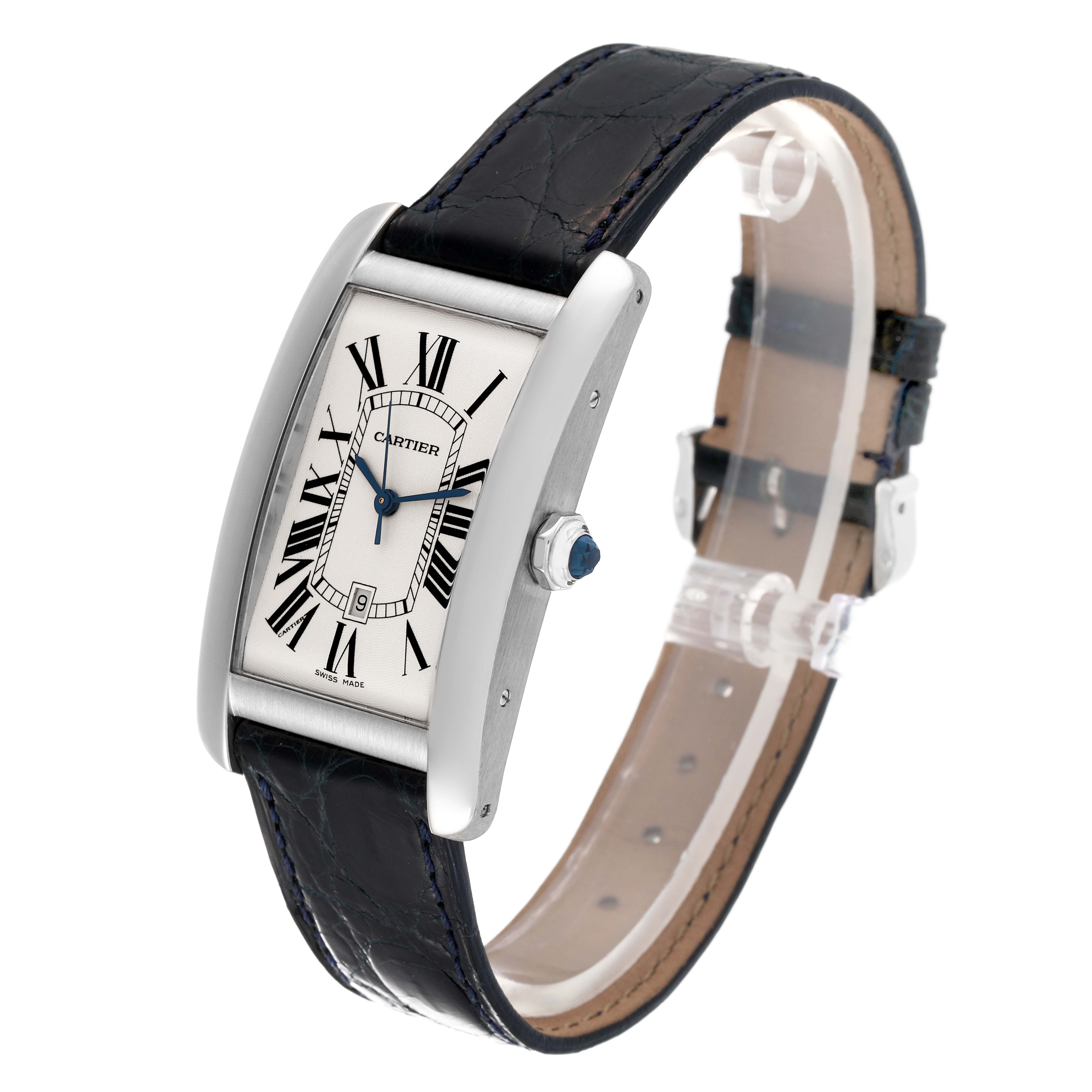 The Cartier Tank Americaine W2603256 Men's White Gold Silver Dial W2603256 Men's White Gold Silver Dial watch is shown at an angle, highlighting its rectangular face, Roman numerals, and leather strap.