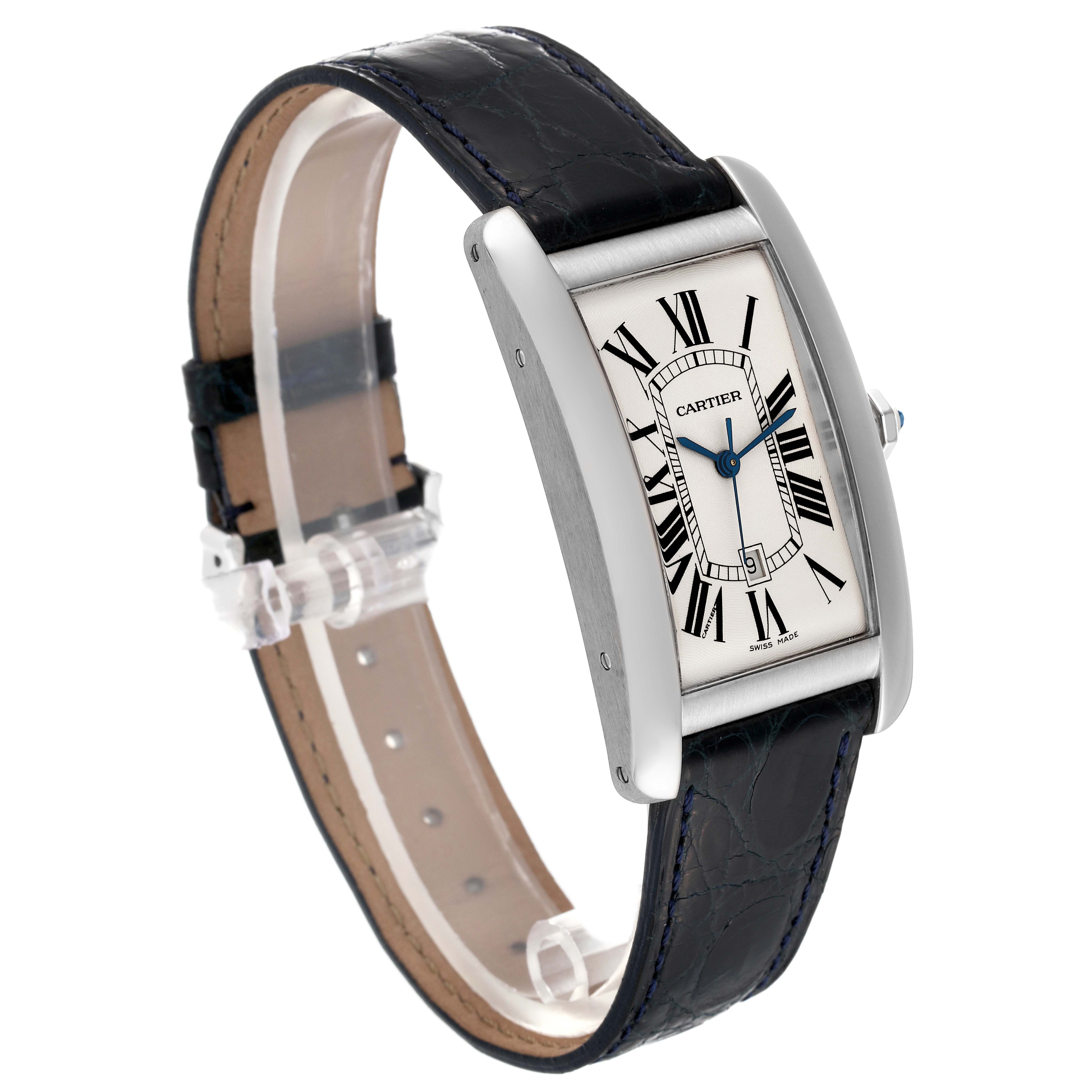 The image shows a Cartier Tank Americaine W2603256 Men's White Gold Silver Dial W2603256 Men's White Gold Silver Dial watch from a front-left angled view, highlighting its face, strap, and casing.