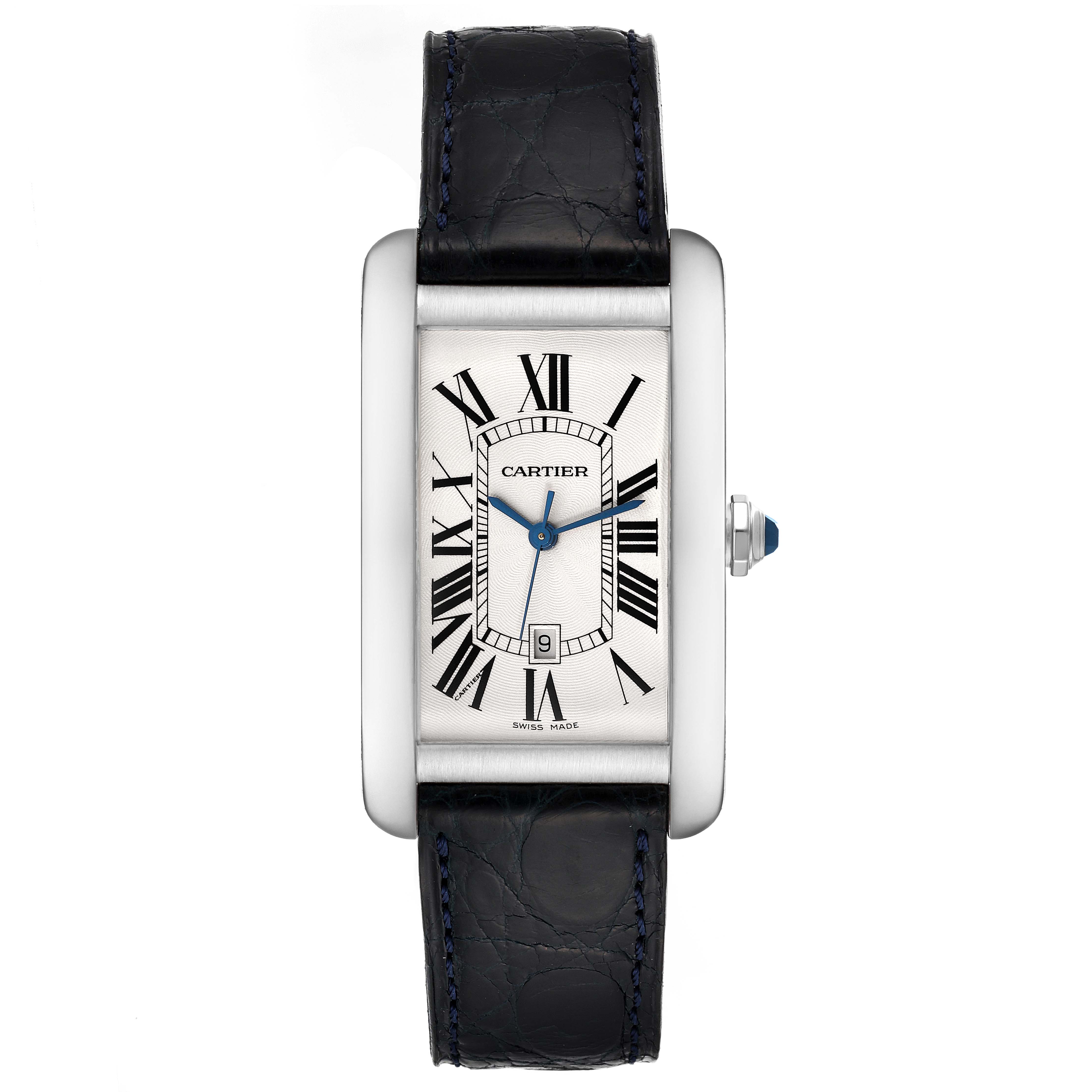The Cartier Tank Américaine watch is shown from a front angle, displaying its rectangular face, Roman numerals, and black leather strap.