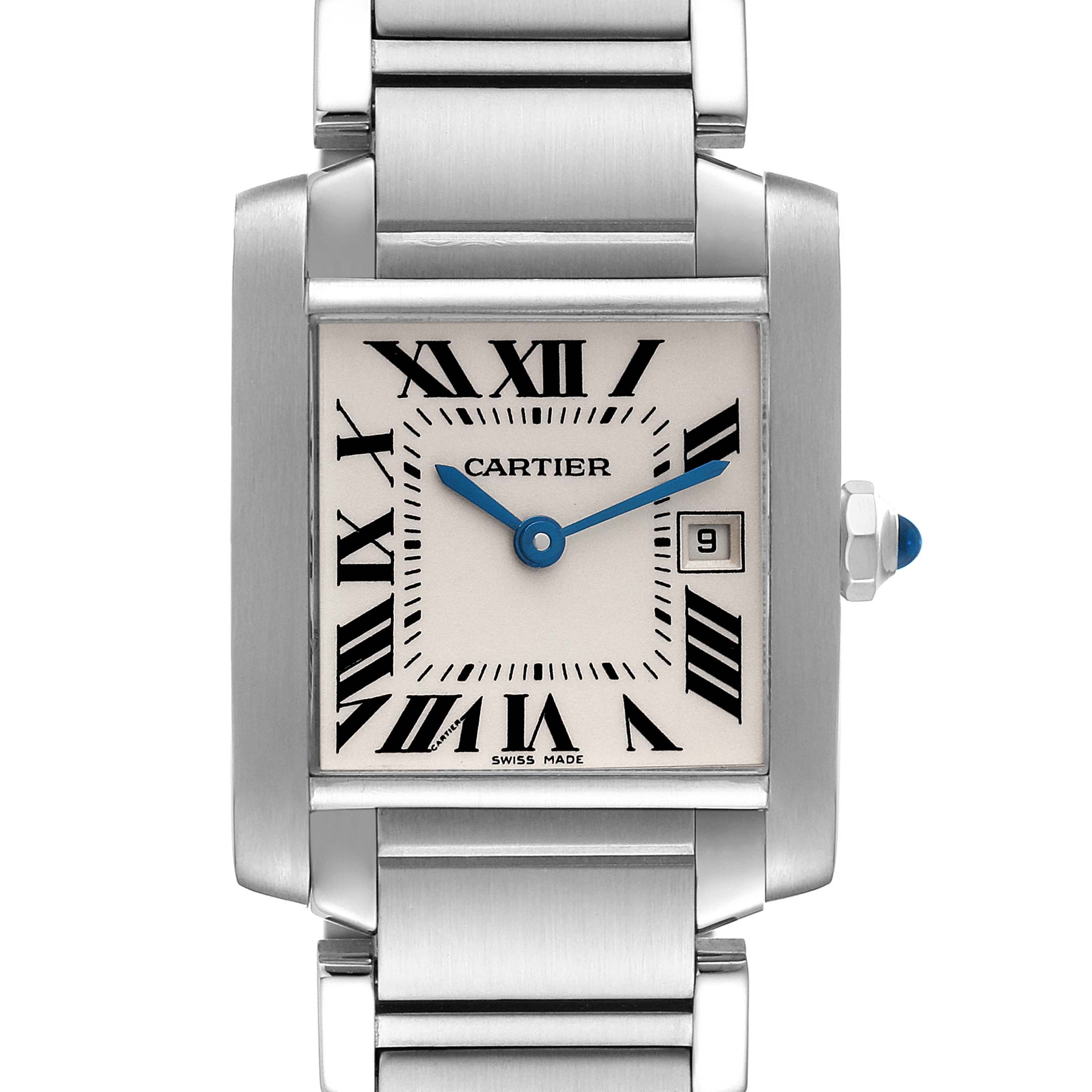 The Cartier Tank Francaise W51011Q3 Women's Stainless Steel Silver Dial W51011Q3 Women's Stainless Steel Silver Dial watch is shown from the front, highlighting its rectangular face, Roman numerals, blue hands, and metal bracelet.