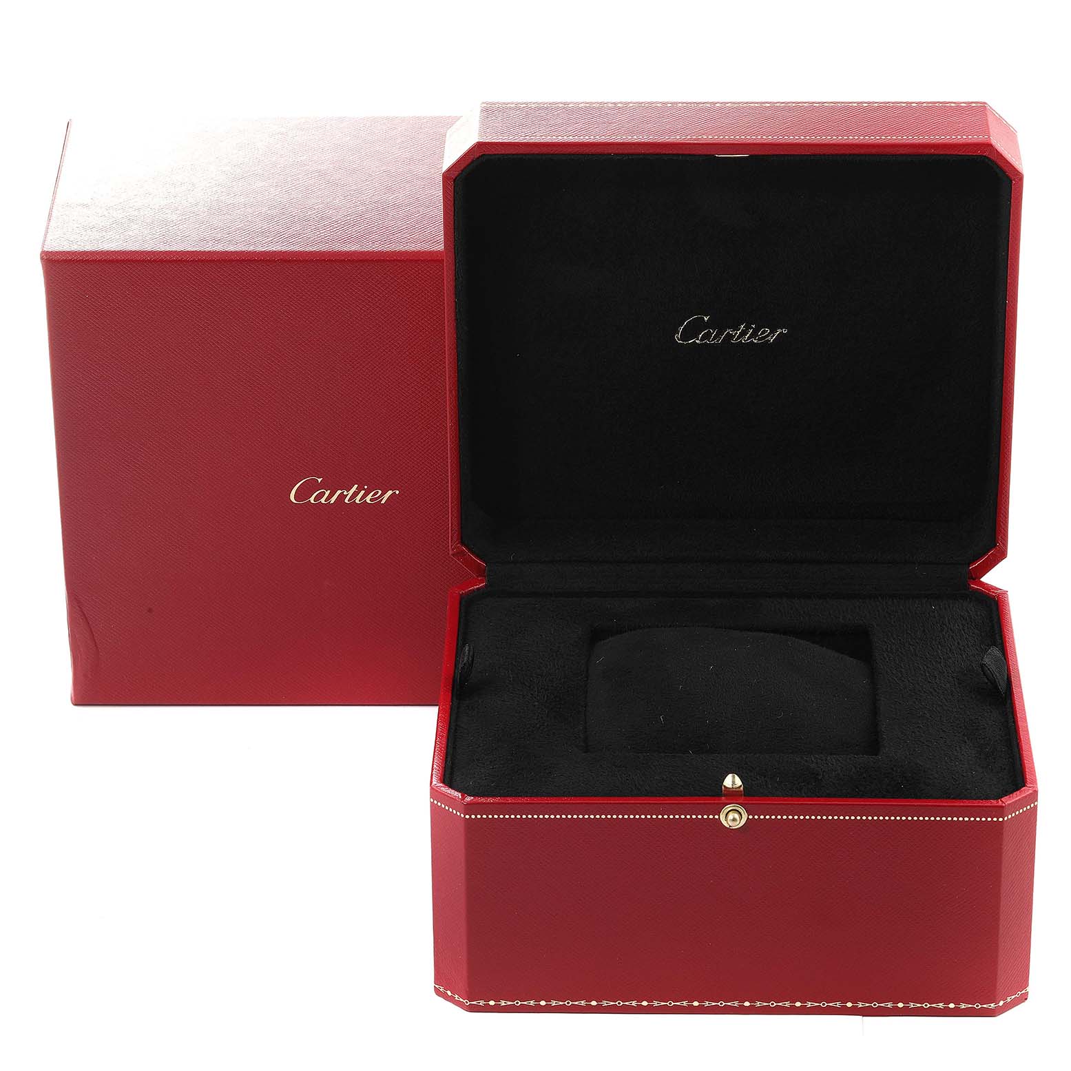 The image shows a red Cartier Tank Francaise W51012Q4 Women's Steel and Gold (two tone) Silver Dial W51012Q4 Women's Steel and Gold (two tone) Silver Dial watch box with an open lid, displaying its black interior and cushion.