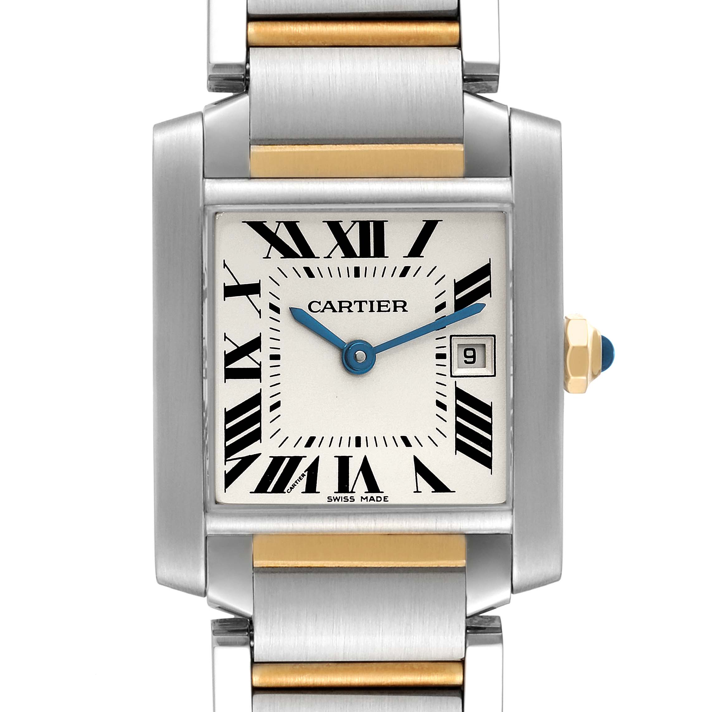 The Cartier Tank Francaise W51012Q4 Women's Steel and Gold (two tone) Silver Dial W51012Q4 Women's Steel and Gold (two tone) Silver Dial watch is shown from the front, displaying its face, Roman numeral markers, date window, and bracelet.