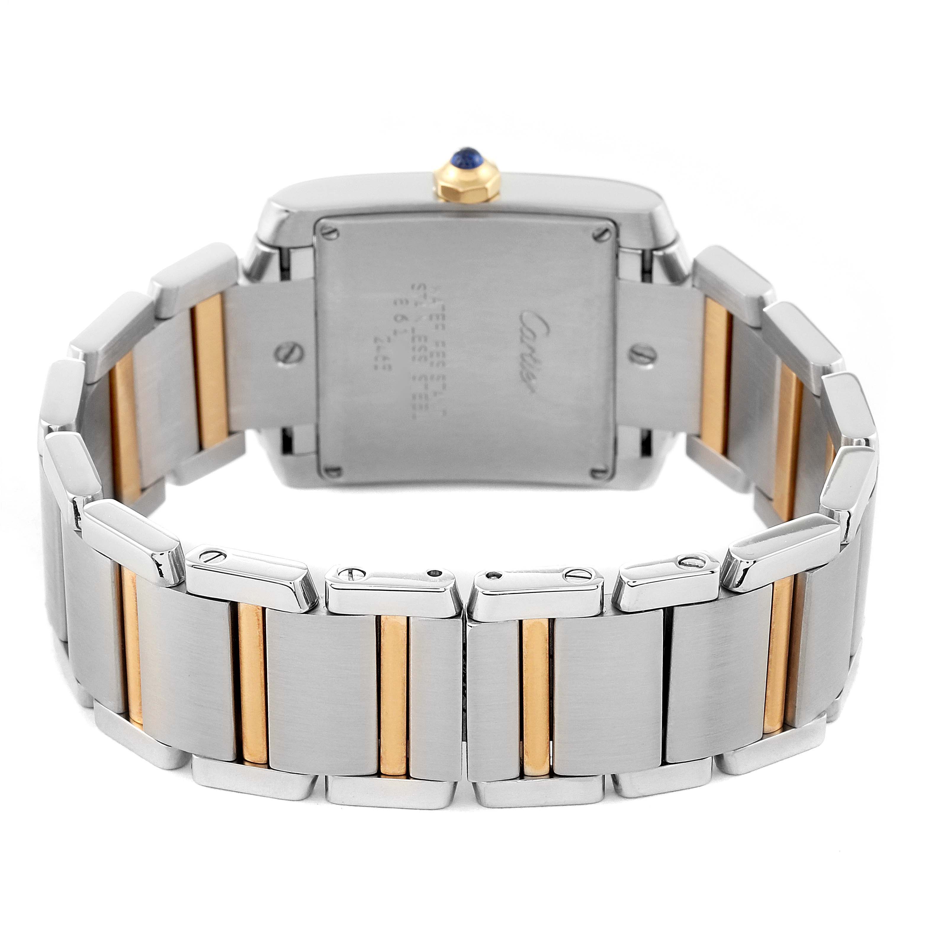 This image shows the backside and bracelet of the Tank Francaise watch by Cartier.