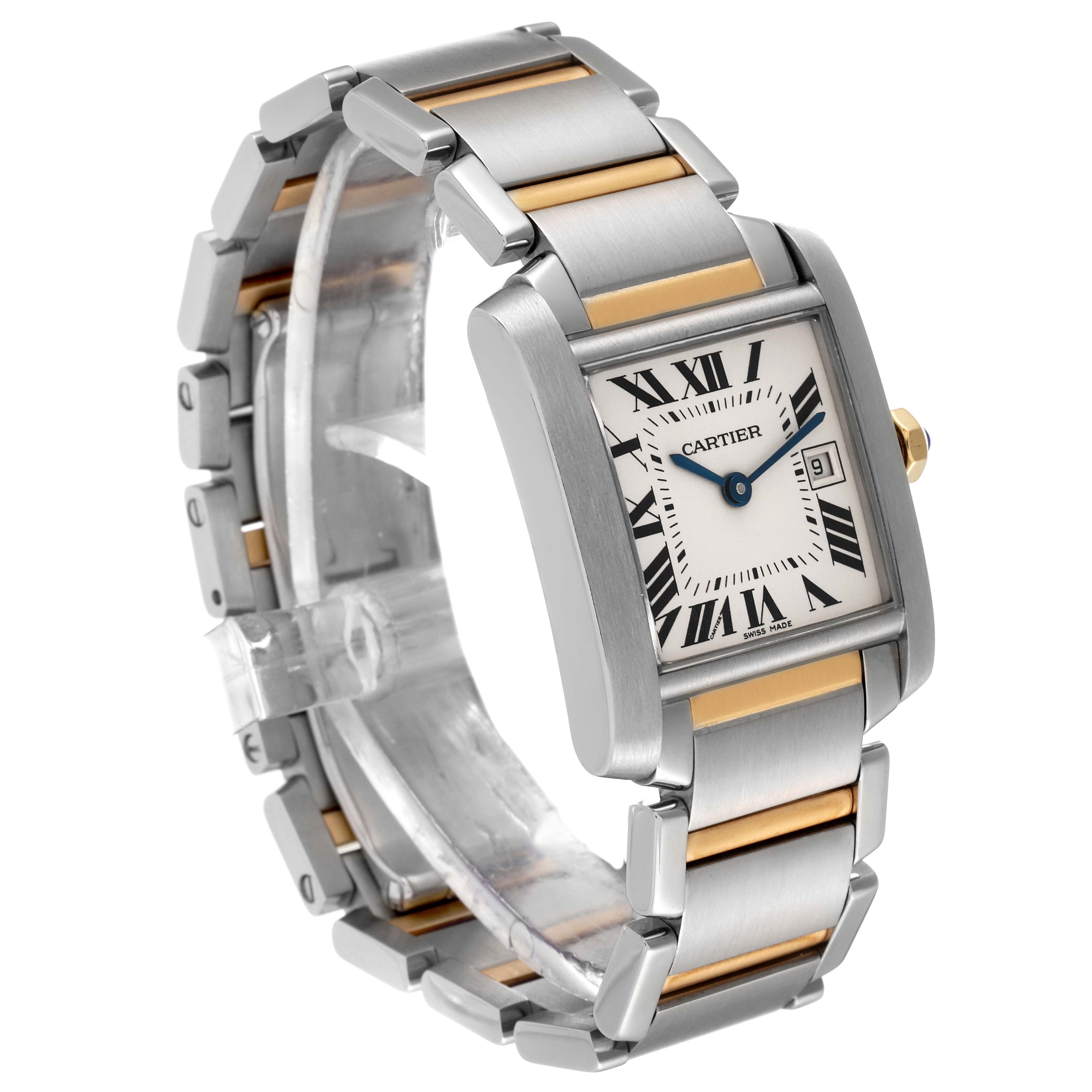The image shows a Tank Francaise model watch by Cartier at a slight angle, displaying its face, bracelet, and clasp.