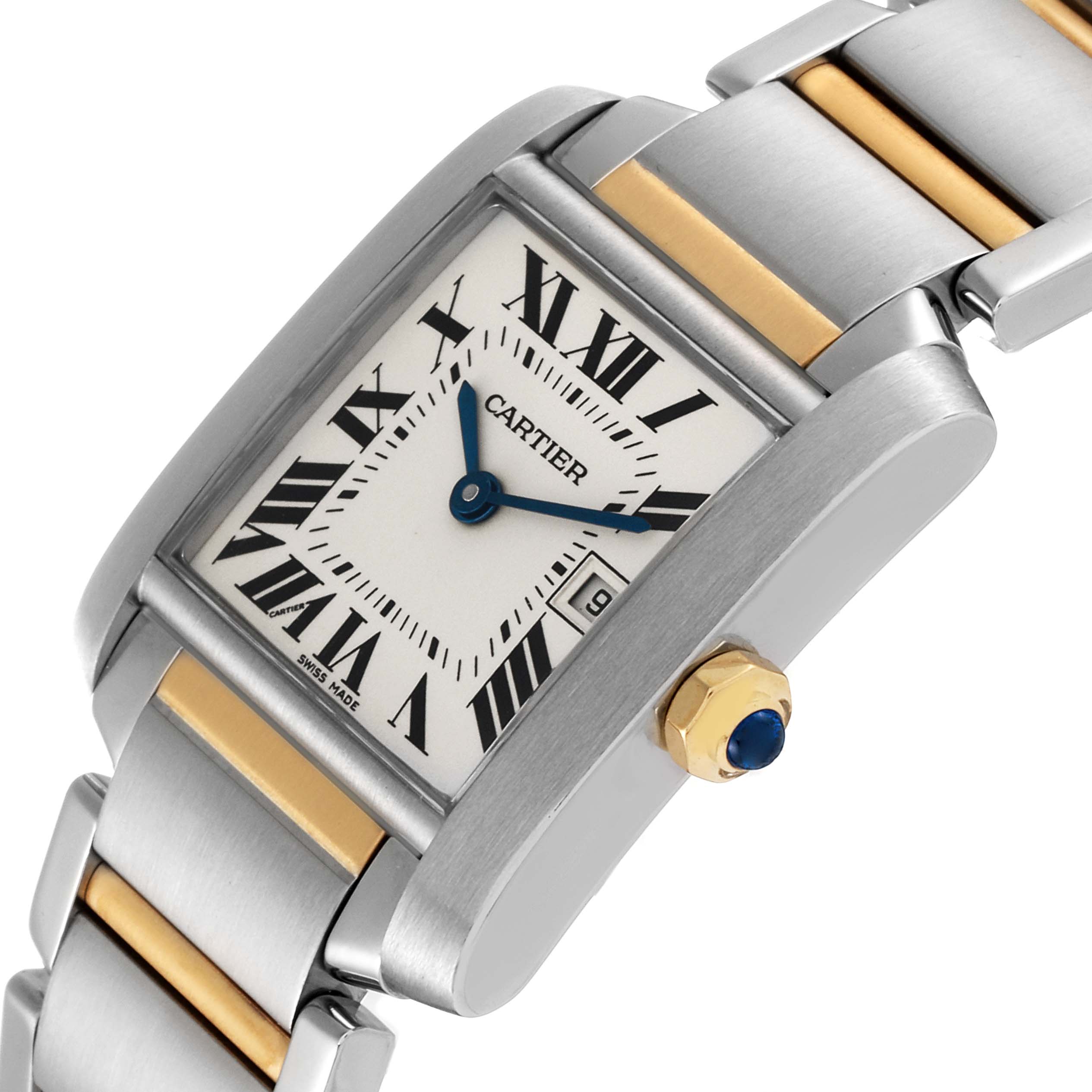 This image shows a close-up angle of a Cartier Tank Française watch, emphasizing the dial, crown, and part of the bracelet.