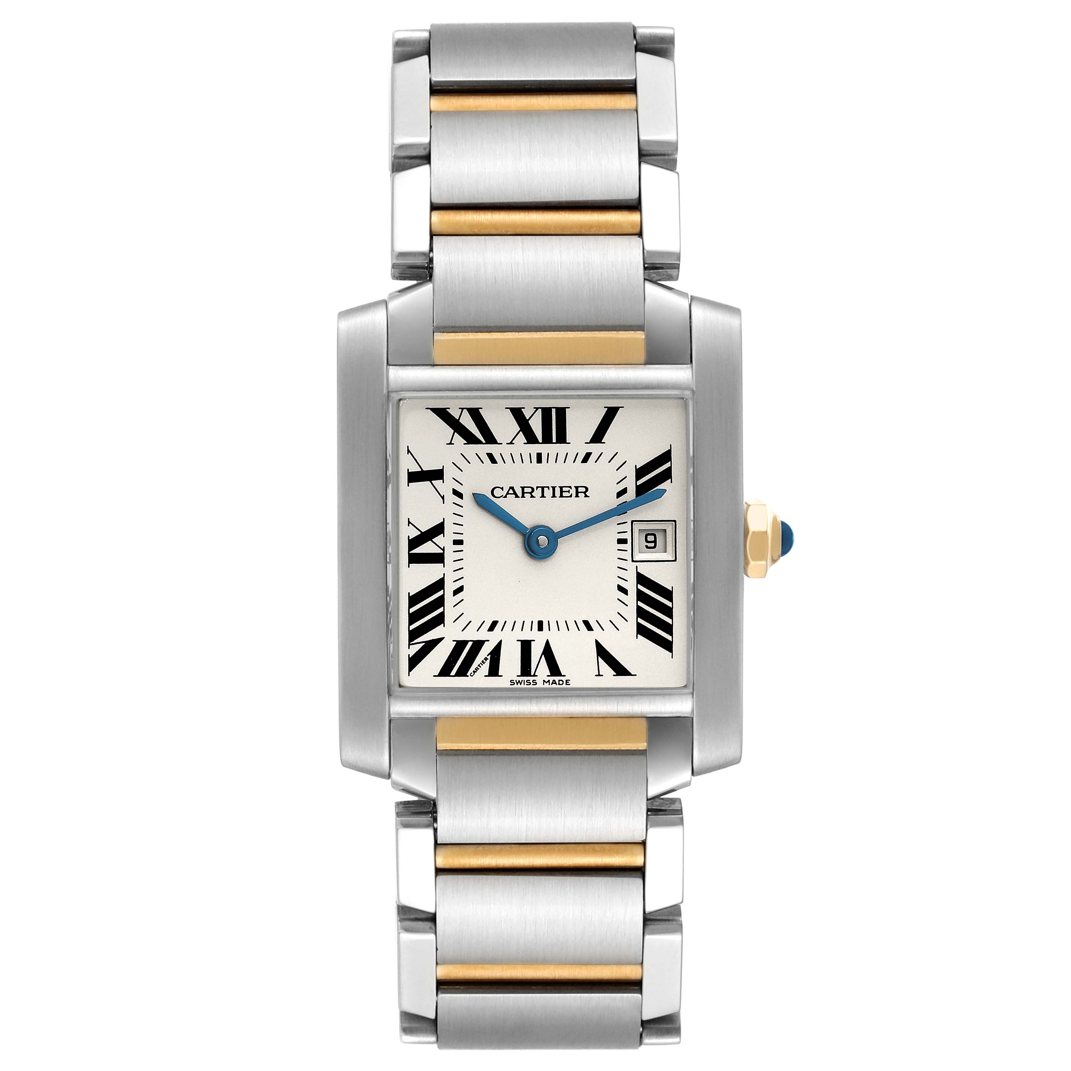 The image shows a Cartier Tank Francaise W51012Q4 Women's Steel and Gold (two tone) Silver Dial W51012Q4 Women's Steel and Gold (two tone) Silver Dial watch from a front view, displaying its dial, bracelet, and crown.