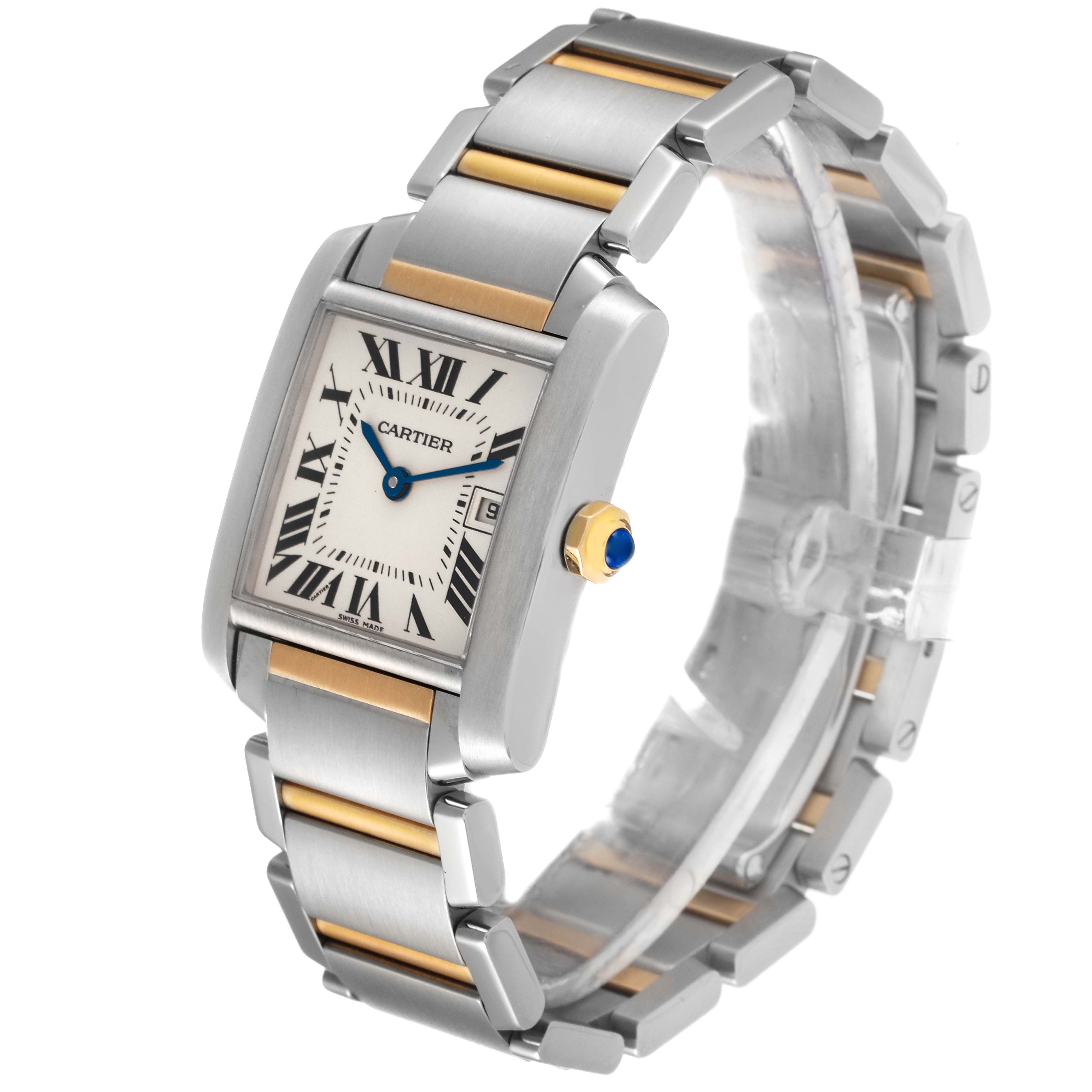 The image shows a Cartier Tank Francaise W51012Q4 Women's Steel and Gold (two tone) Silver Dial W51012Q4 Women's Steel and Gold (two tone) Silver Dial watch from an angled view, highlighting its face, bracelet, and gold crown.