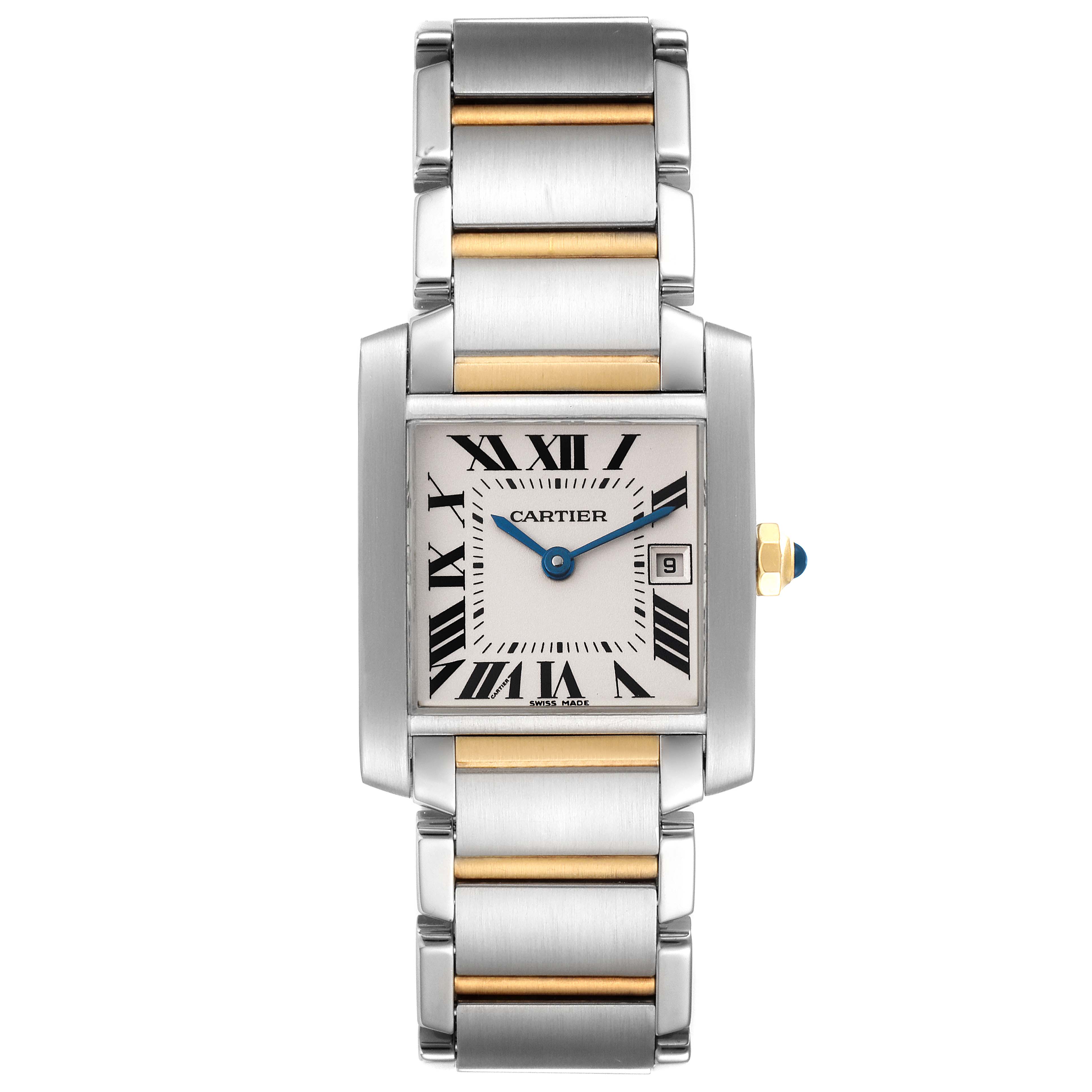 This image shows a front view of the Cartier Tank Française watch, displaying its face, dial, hands, and bracelet.