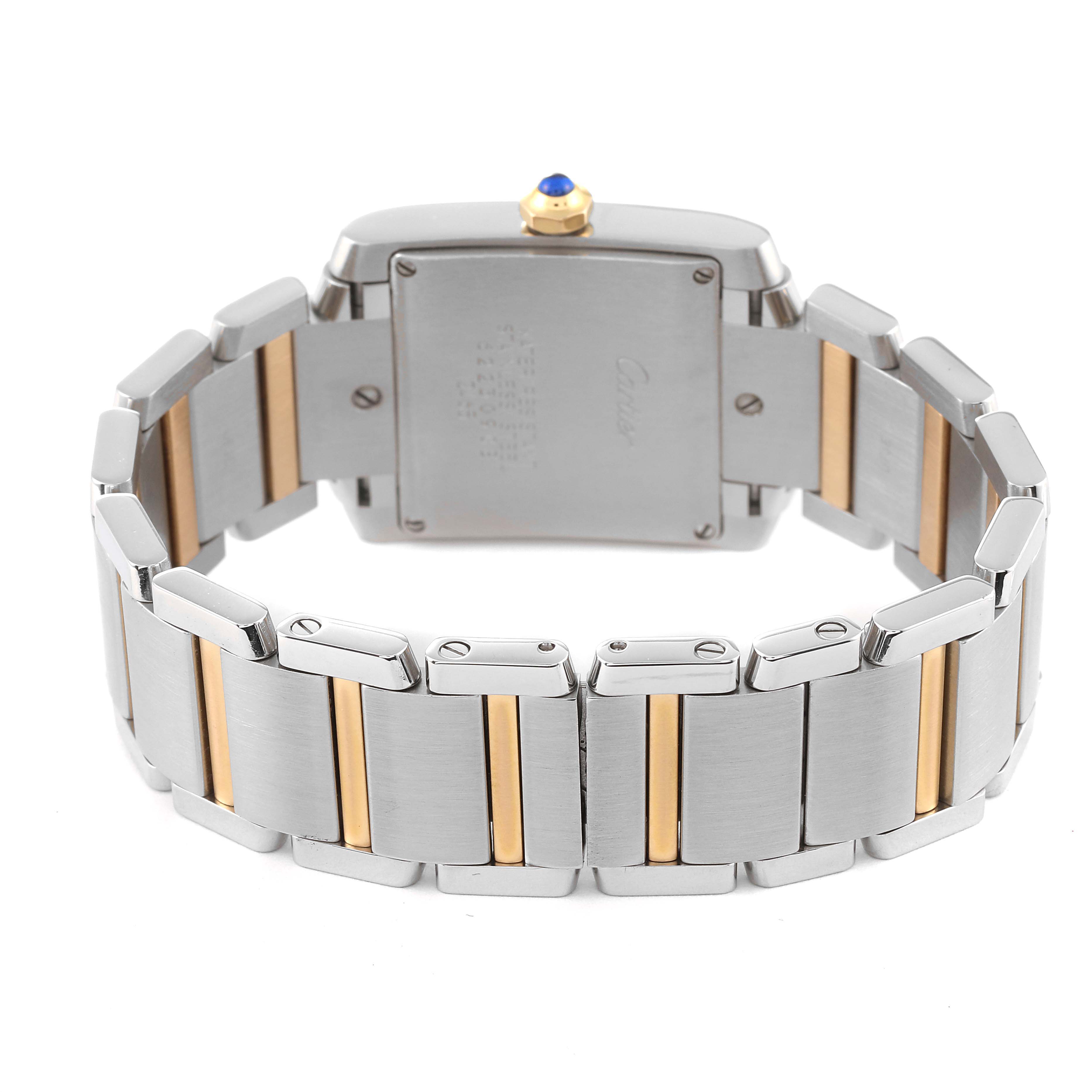 This image shows the back view of a Cartier Tank Francaise W51012Q4 Women's Steel and Gold (two tone) Silver Dial W51012Q4 Women's Steel and Gold (two tone) Silver Dial watch, highlighting its metal and gold-toned bracelet.