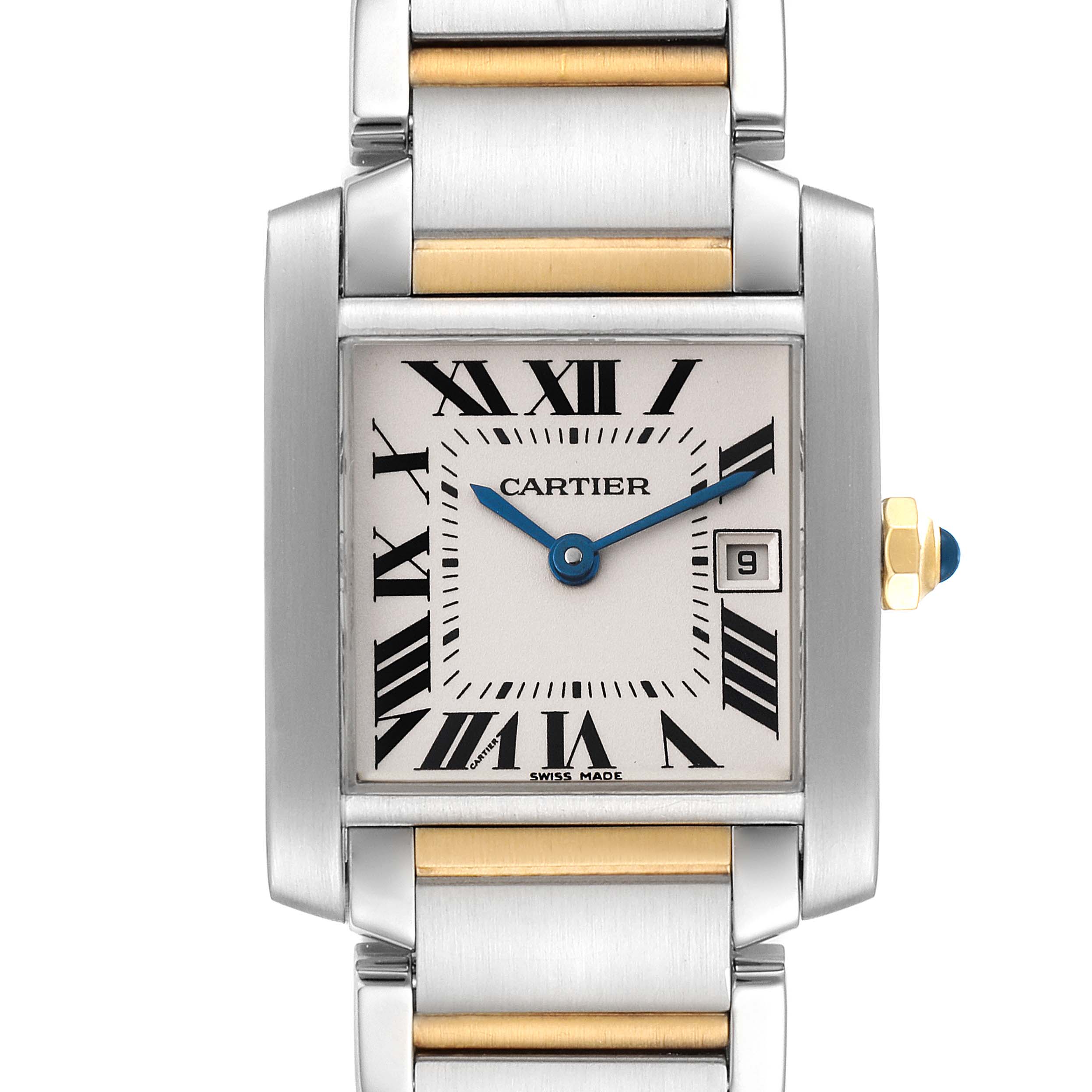 The Cartier Tank Francaise W51012Q4 Women's Steel and Gold (two tone) Silver Dial W51012Q4 Women's Steel and Gold (two tone) Silver Dial watch is shown from the front, highlighting its face, hands, bracelet, and crown.