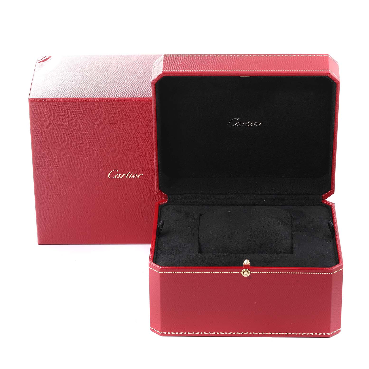 This image shows an open red Cartier watch box for the Tank Francaise model, displaying its luxurious interior.