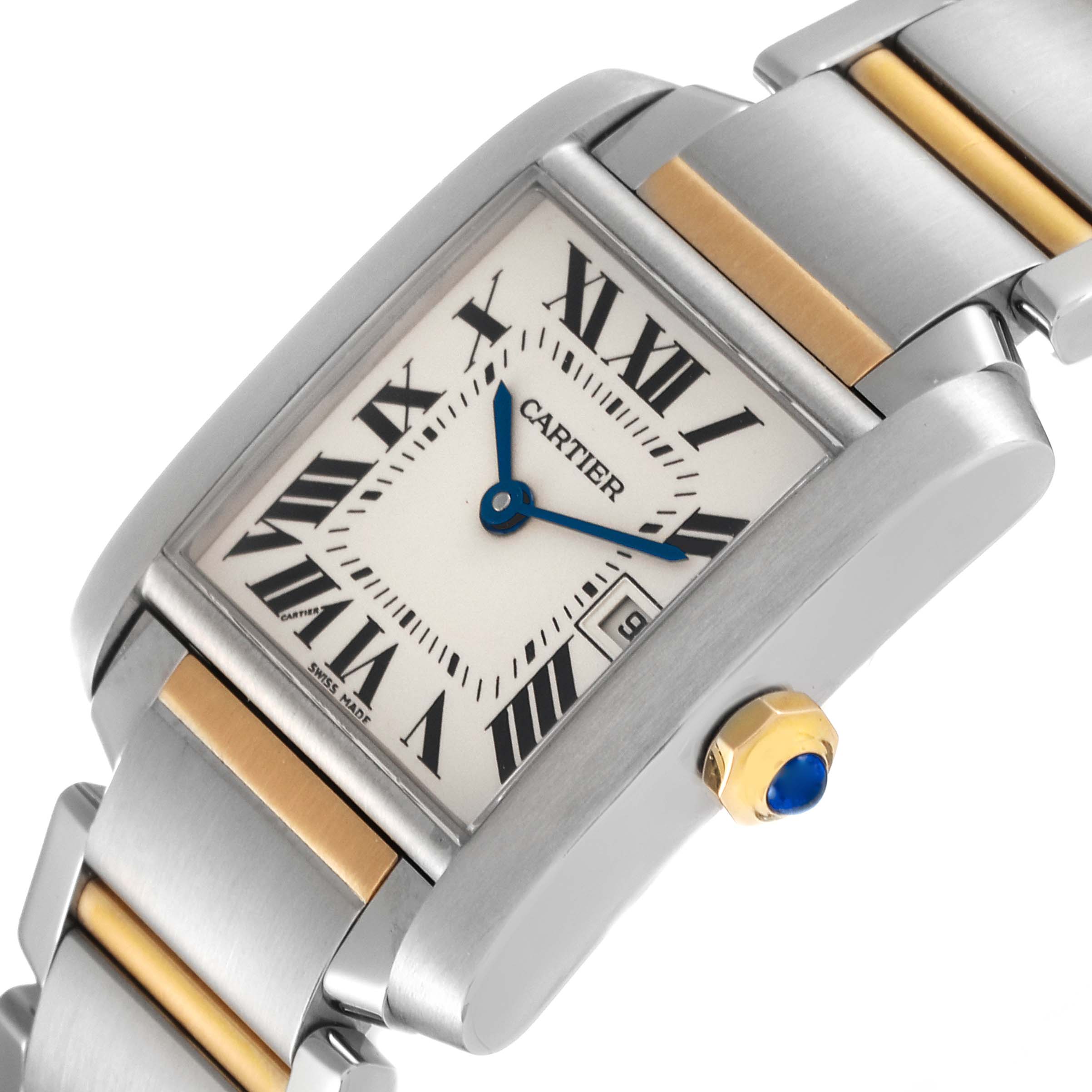 The Cartier Tank Française watch is shown at a slight angle, highlighting its dial, crown, and part of the bracelet.