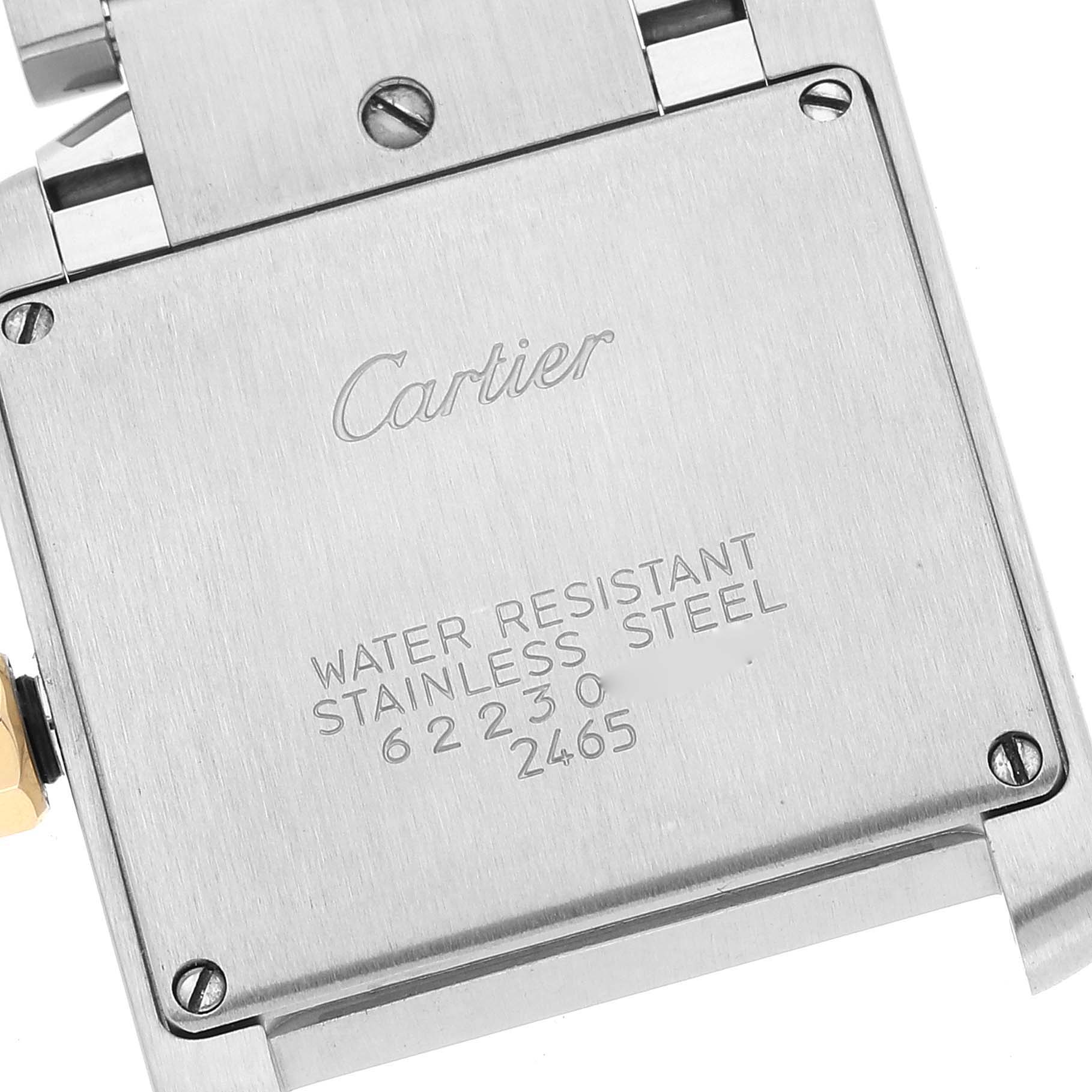 The image shows the back of a Cartier Tank Francaise W51012Q4 Women's Steel and Gold (two tone) Silver Dial W51012Q4 Women's Steel and Gold (two tone) Silver Dial watch, highlighting the stainless steel case and engraved details.