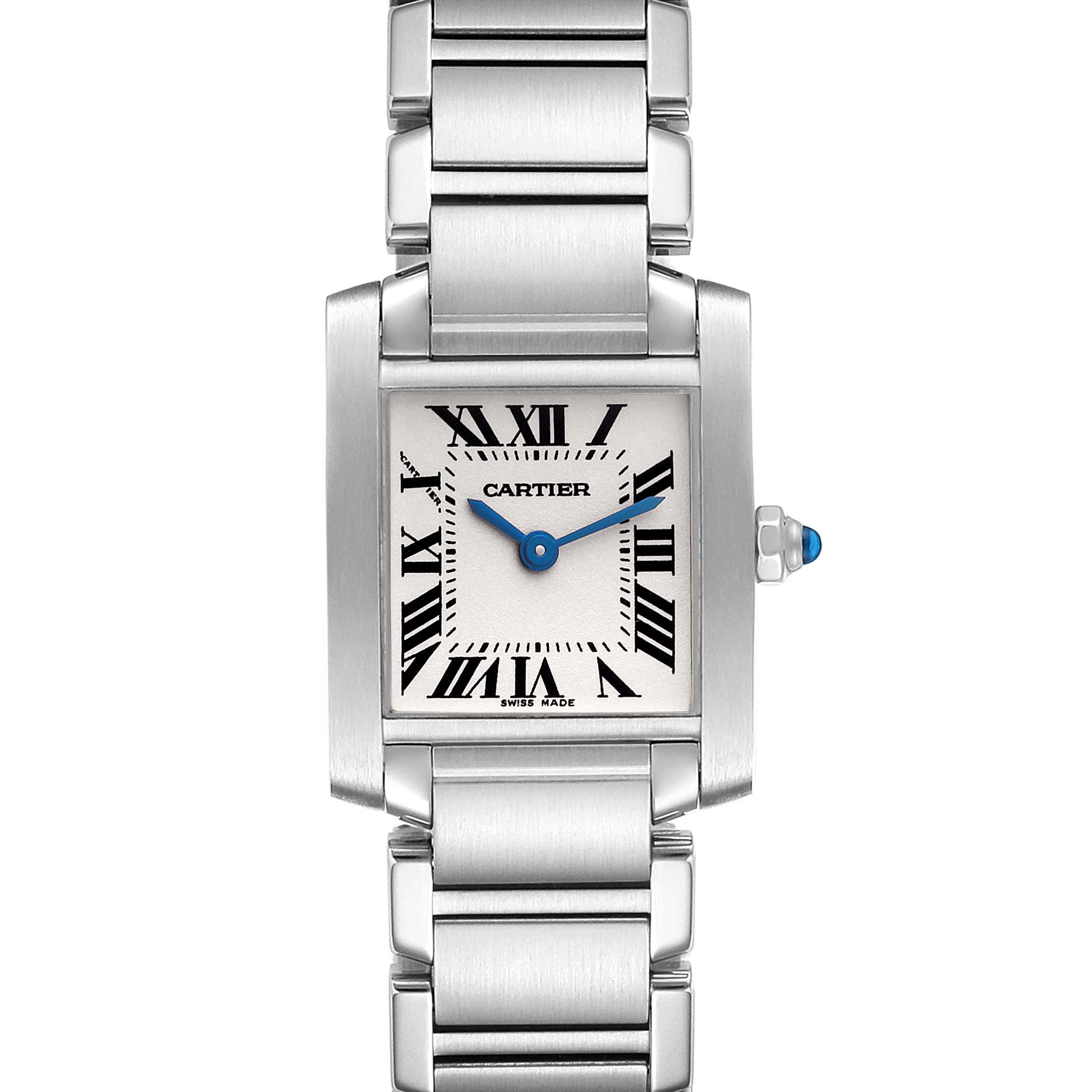 The Tank Francaise by Cartier is shown head-on, displaying the face, case, and a portion of the metal bracelet.