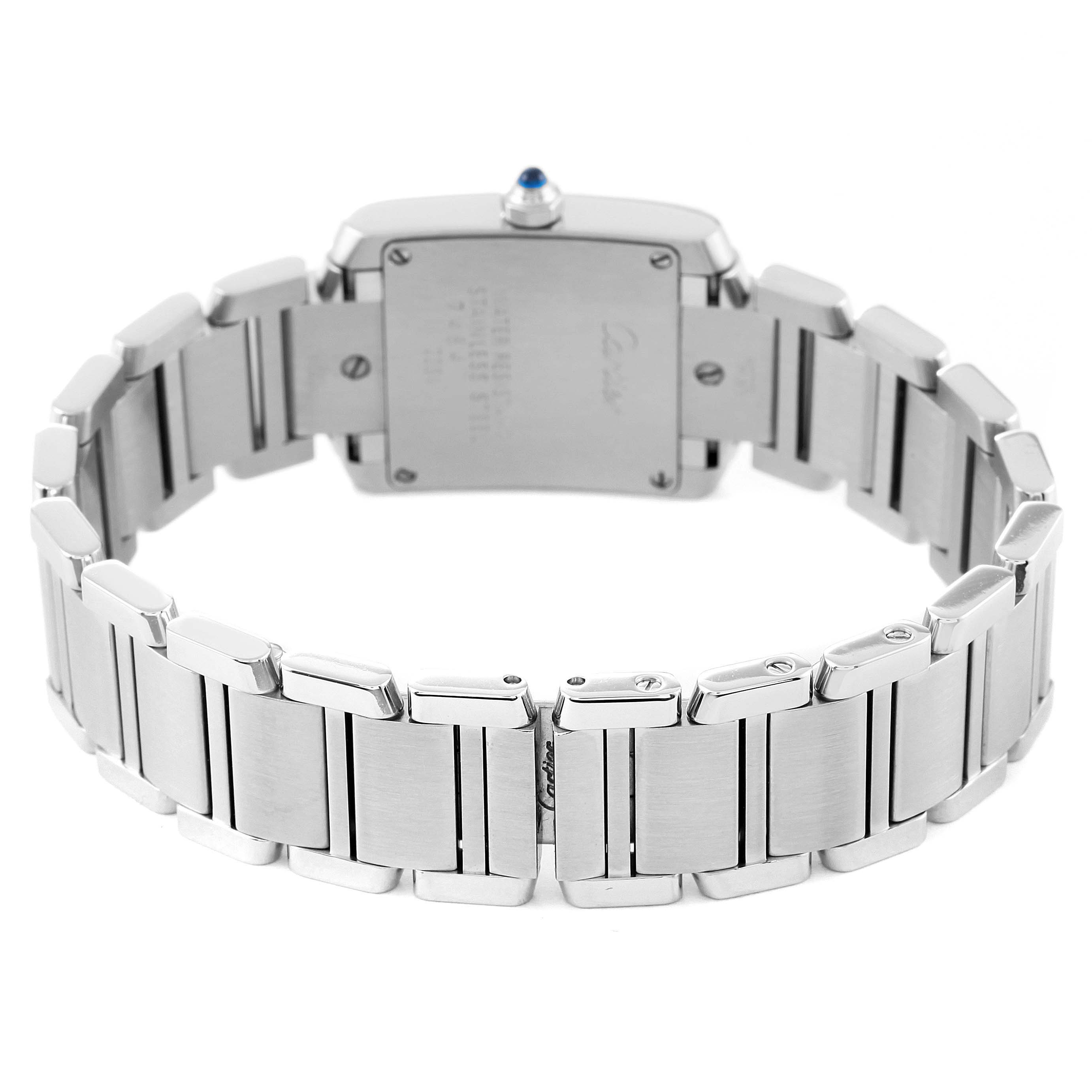 The Cartier Tank Francaise W51008Q3 Women's Stainless Steel Silver Dial W51008Q3 Women's Stainless Steel Silver Dial watch is shown from the back, highlighting the case back and bracelet.