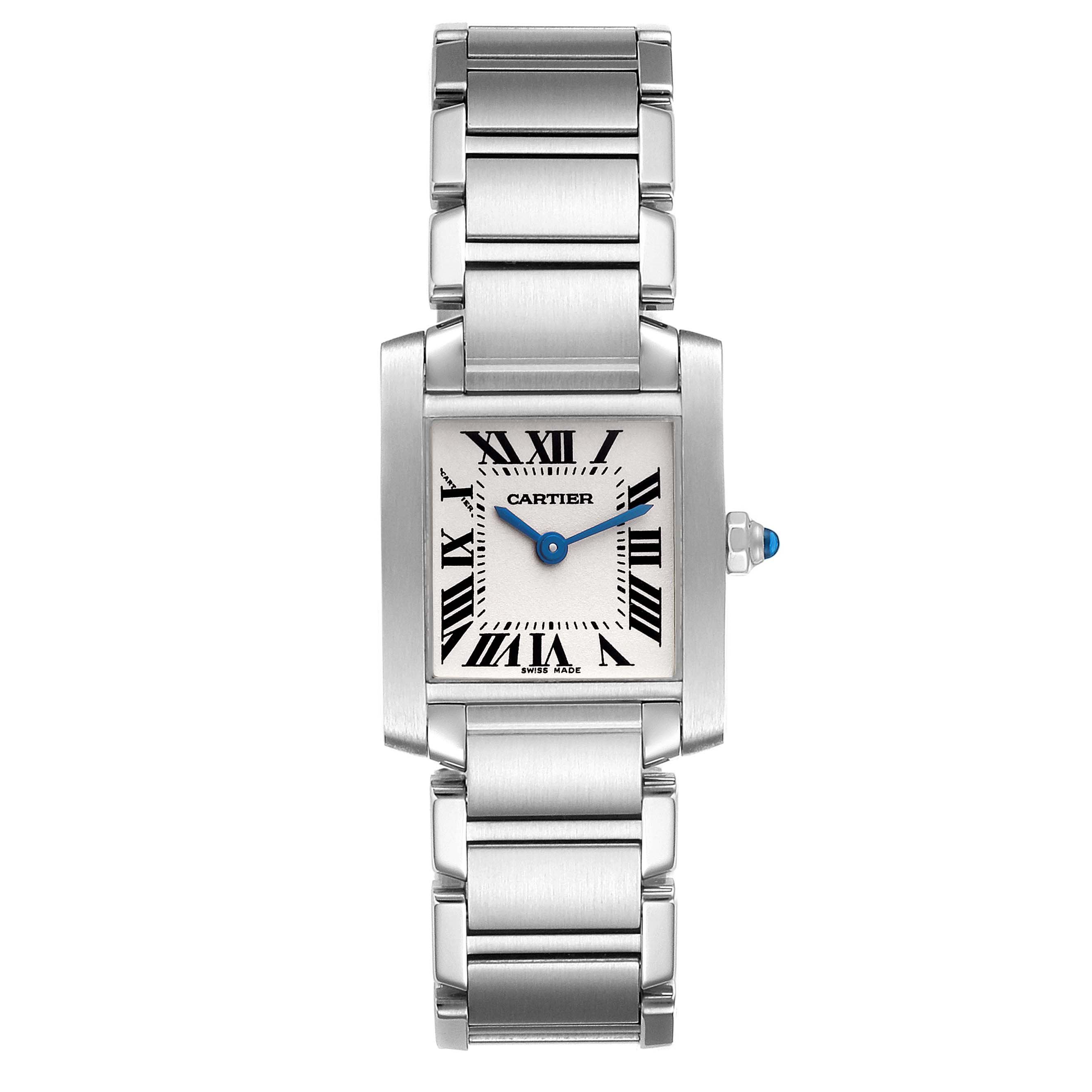 The Cartier Tank Francaise W51008Q3 Women's Stainless Steel Silver Dial W51008Q3 Women's Stainless Steel Silver Dial watch is shown from a top-down angle, displaying its face, bezel, and stainless steel bracelet.