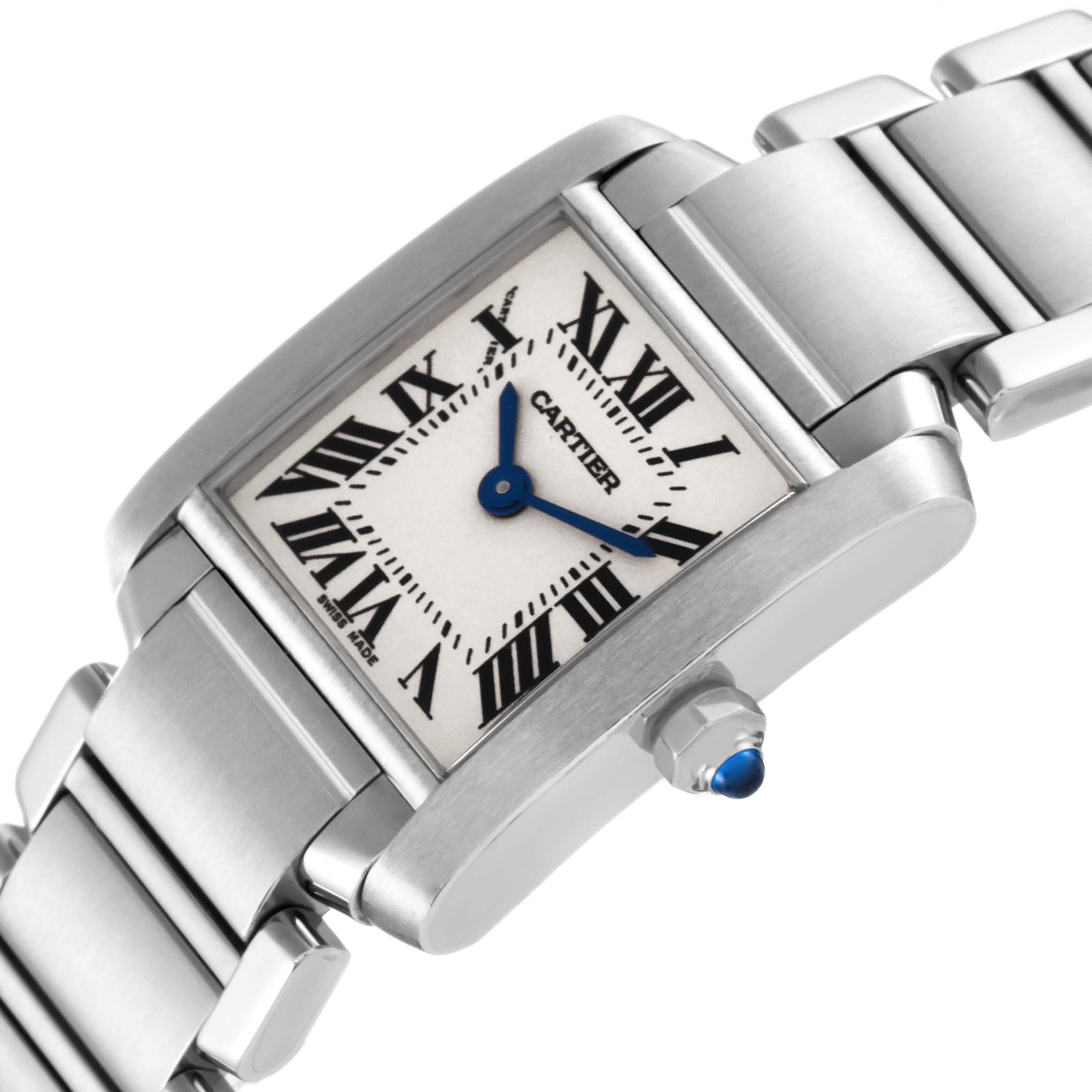 The image shows the Cartier Tank Française watch at a tilted angle, highlighting the rectangular face, Roman numerals, and metallic bracelet.