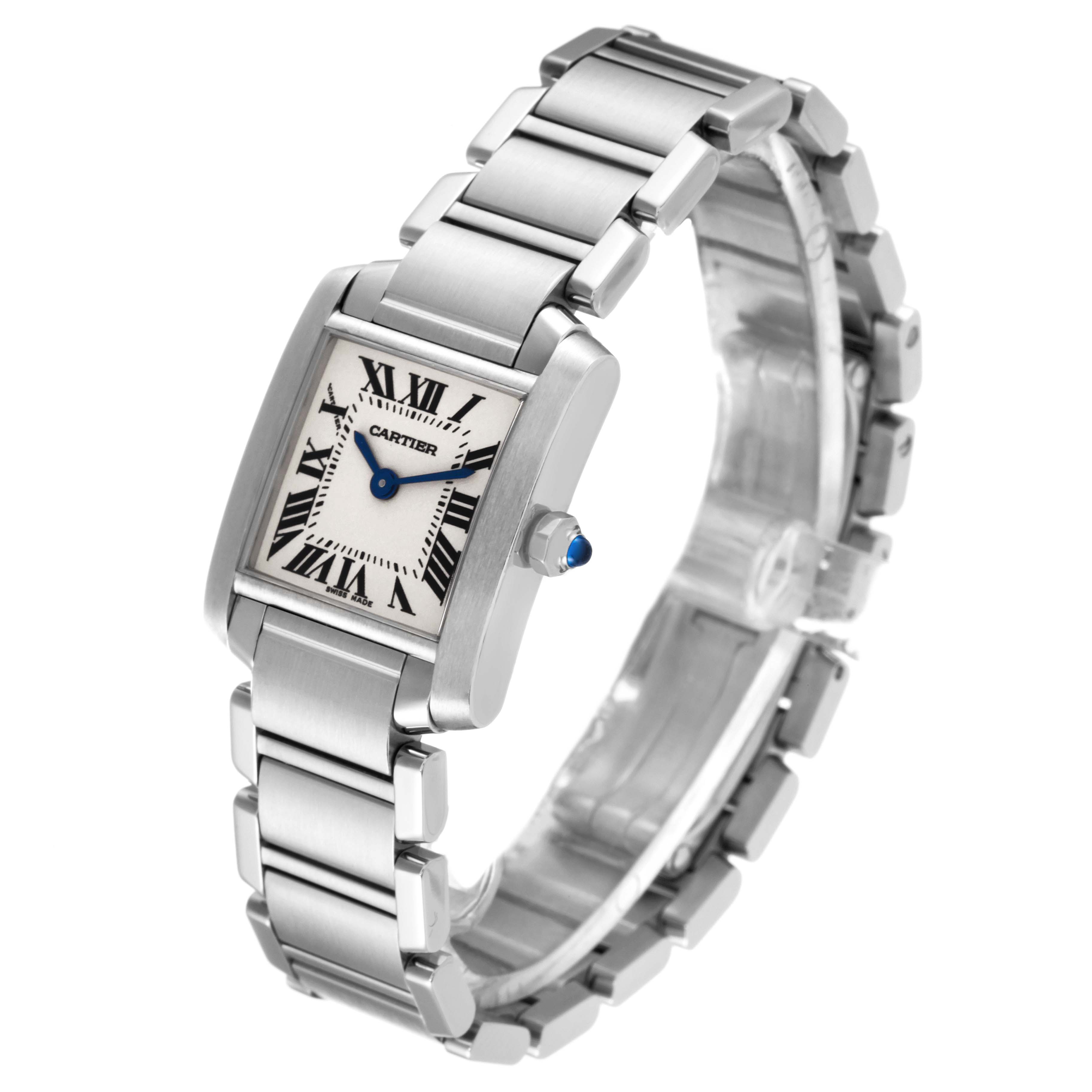 The Cartier Tank Francaise W51008Q3 Women's Stainless Steel Silver Dial W51008Q3 Women's Stainless Steel Silver Dial watch is shown at a three-quarter angle, highlighting the rectangular face, roman numerals, and metal bracelet.