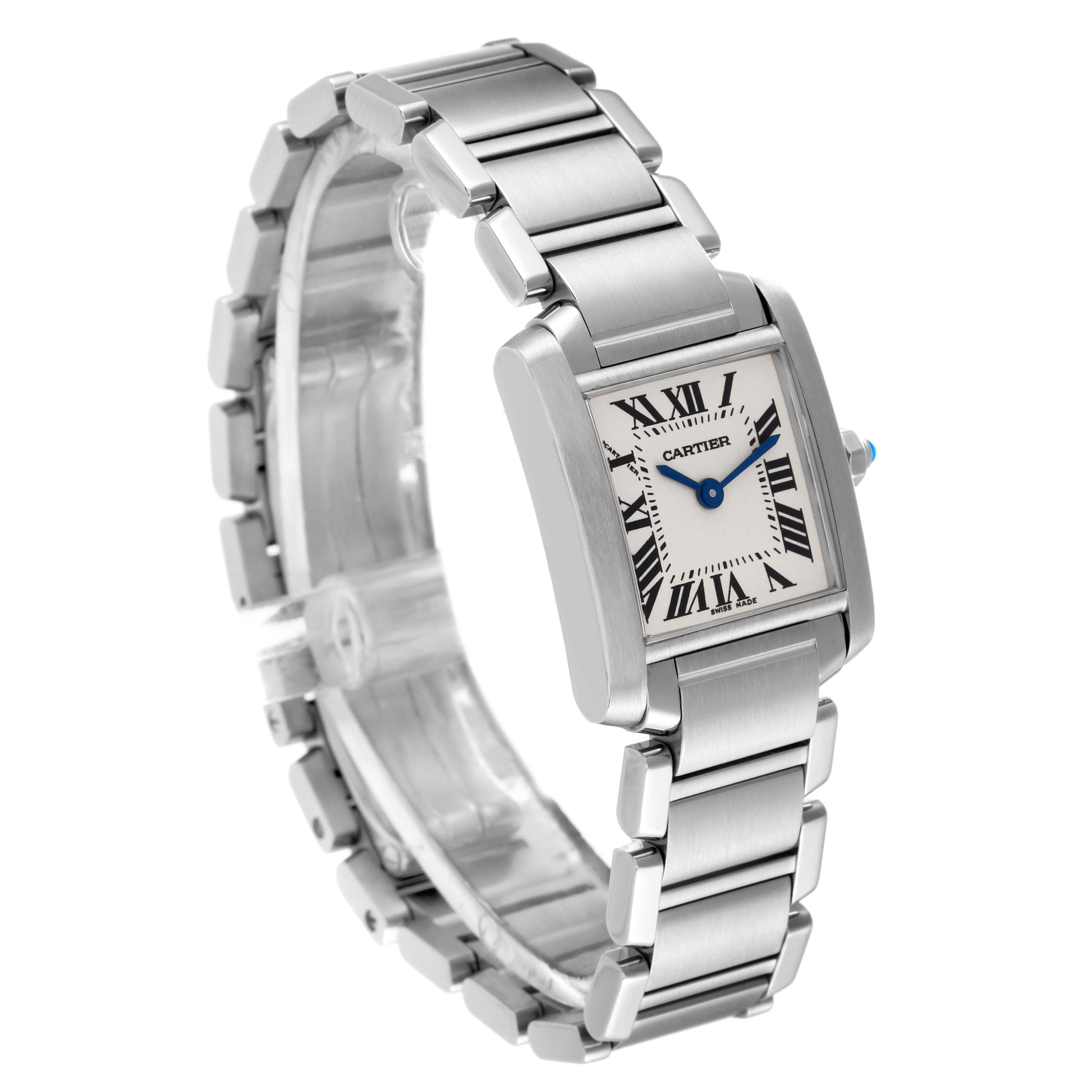 This image shows a Cartier Tank Francaise W51008Q3 Women's Stainless Steel Silver Dial W51008Q3 Women's Stainless Steel Silver Dial watch at a three-quarter angle, displaying the face, case, and stainless steel bracelet.