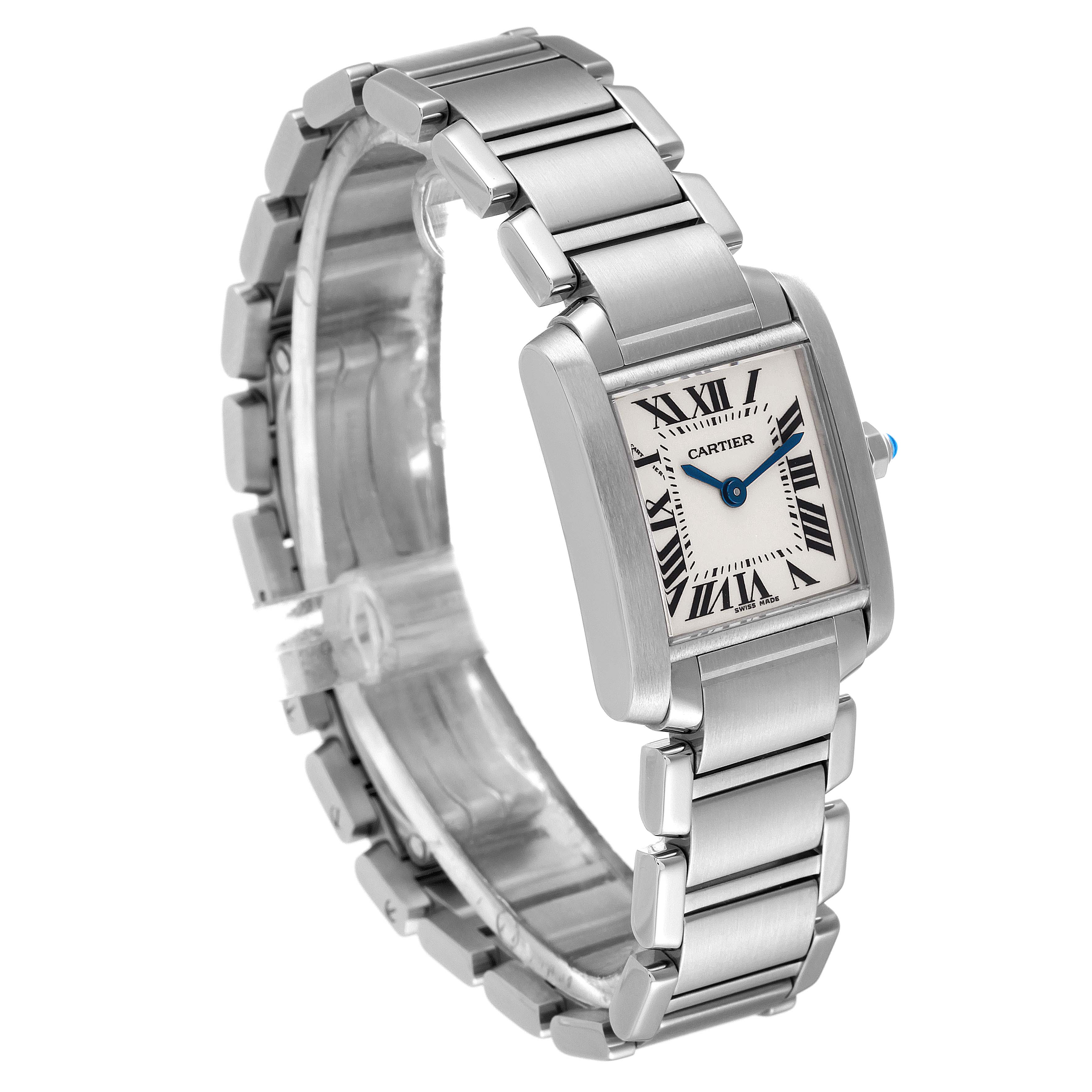 The image shows a side angle of the Cartier Tank Francaise W51008Q3 Women's Stainless Steel Silver Dial W51008Q3 Women's Stainless Steel Silver Dial watch, highlighting the face, bracelet, and crown.