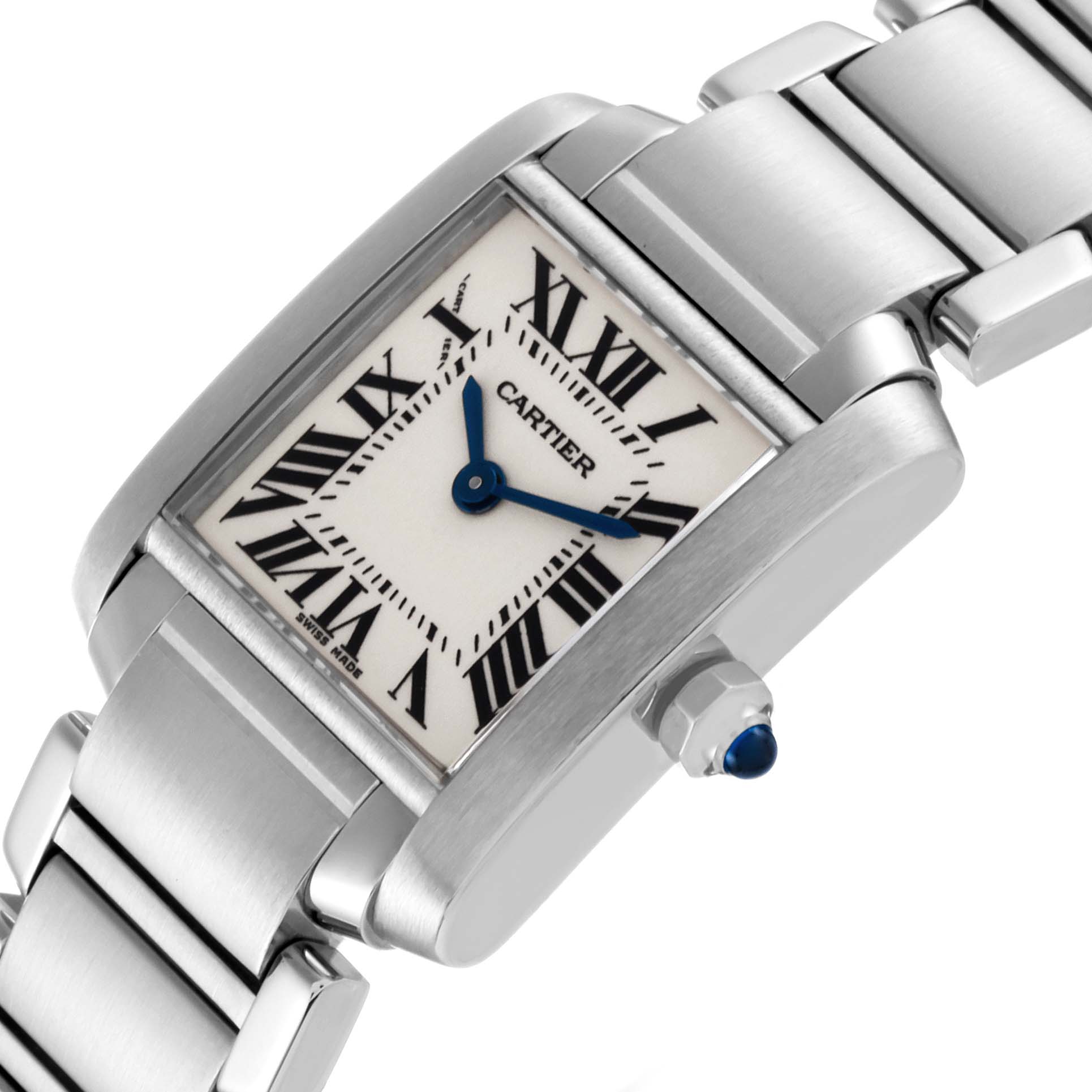 This image shows a close-up angle of a Cartier Tank Francaise W51008Q3 Women's Stainless Steel Silver Dial W51008Q3 Women's Stainless Steel Silver Dial watch, highlighting its face, bezel, bracelet, and crown with a blue cabochon.