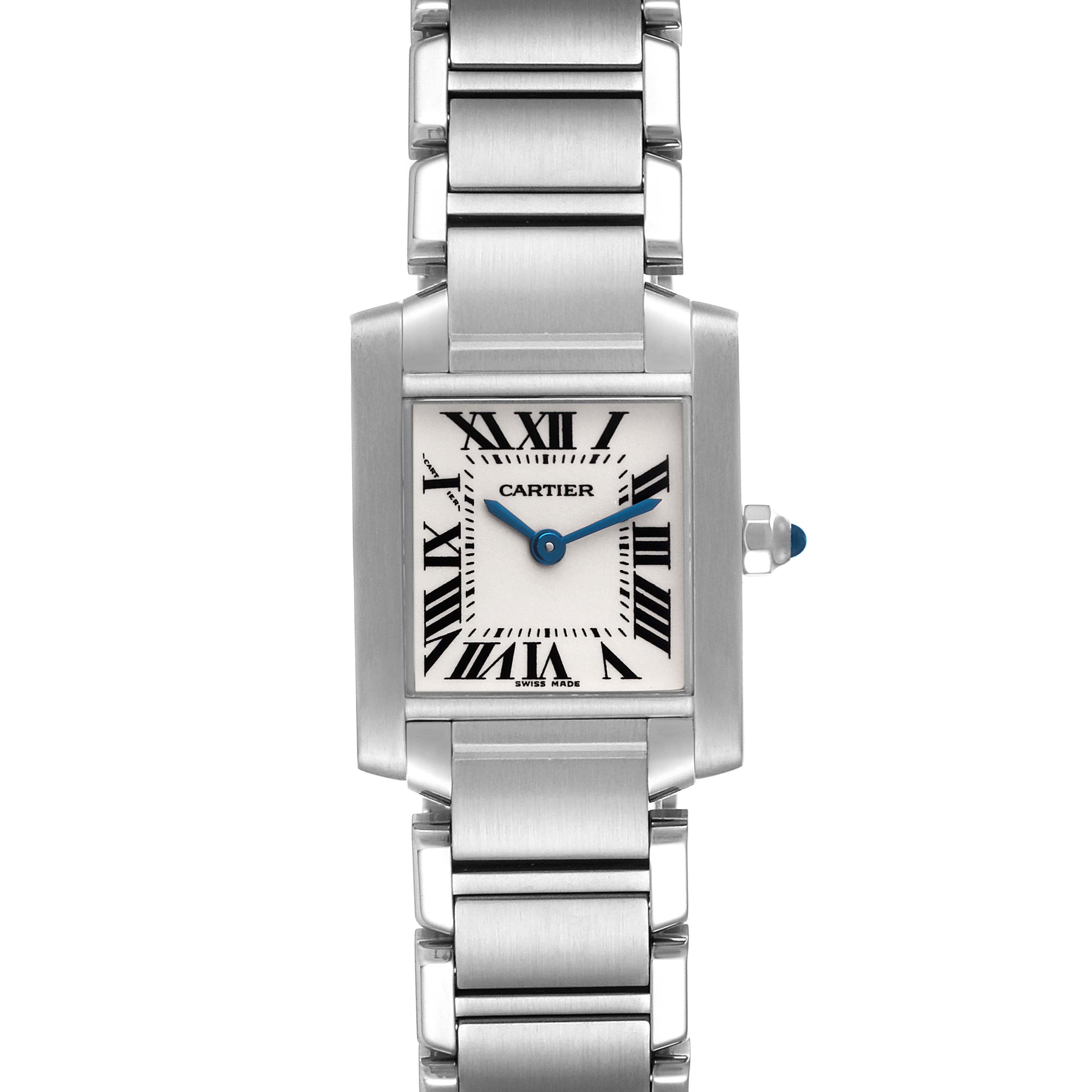 The image shows a front view of a Cartier Tank Francaise W51008Q3 Women's Stainless Steel Silver Dial W51008Q3 Women's Stainless Steel Silver Dial watch, displaying its face, bracelet, and crown.